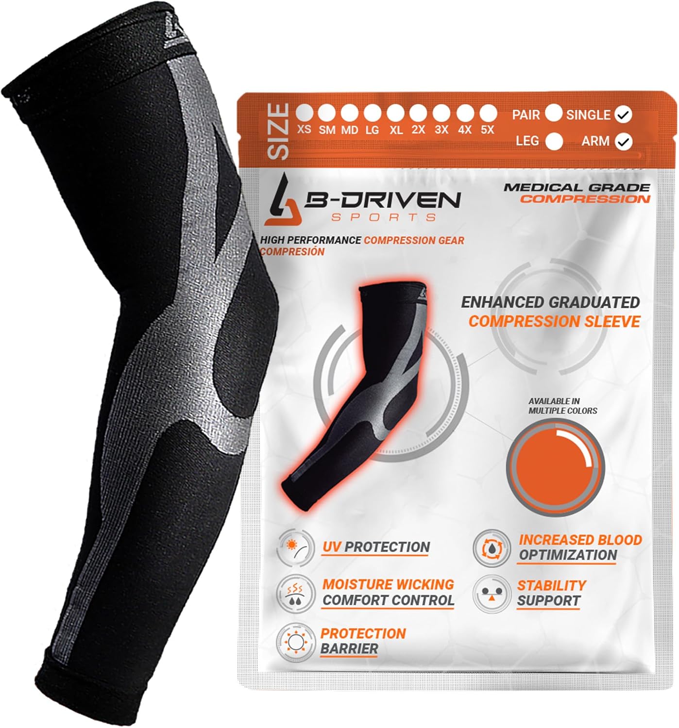 B-Driven Compression Arm Sleeve for Men & Women, Medical Grade 20-30mmHg

