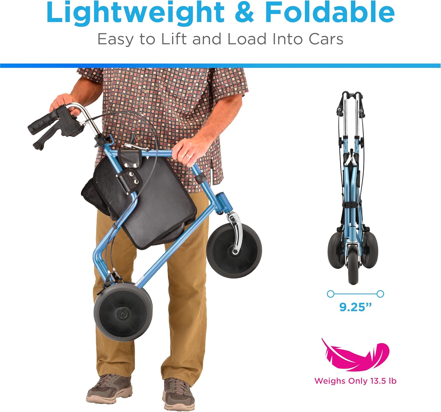 NOVA Traveler Folding 3-Wheel Walker with Tray Basket Pouch and Cup Holder

