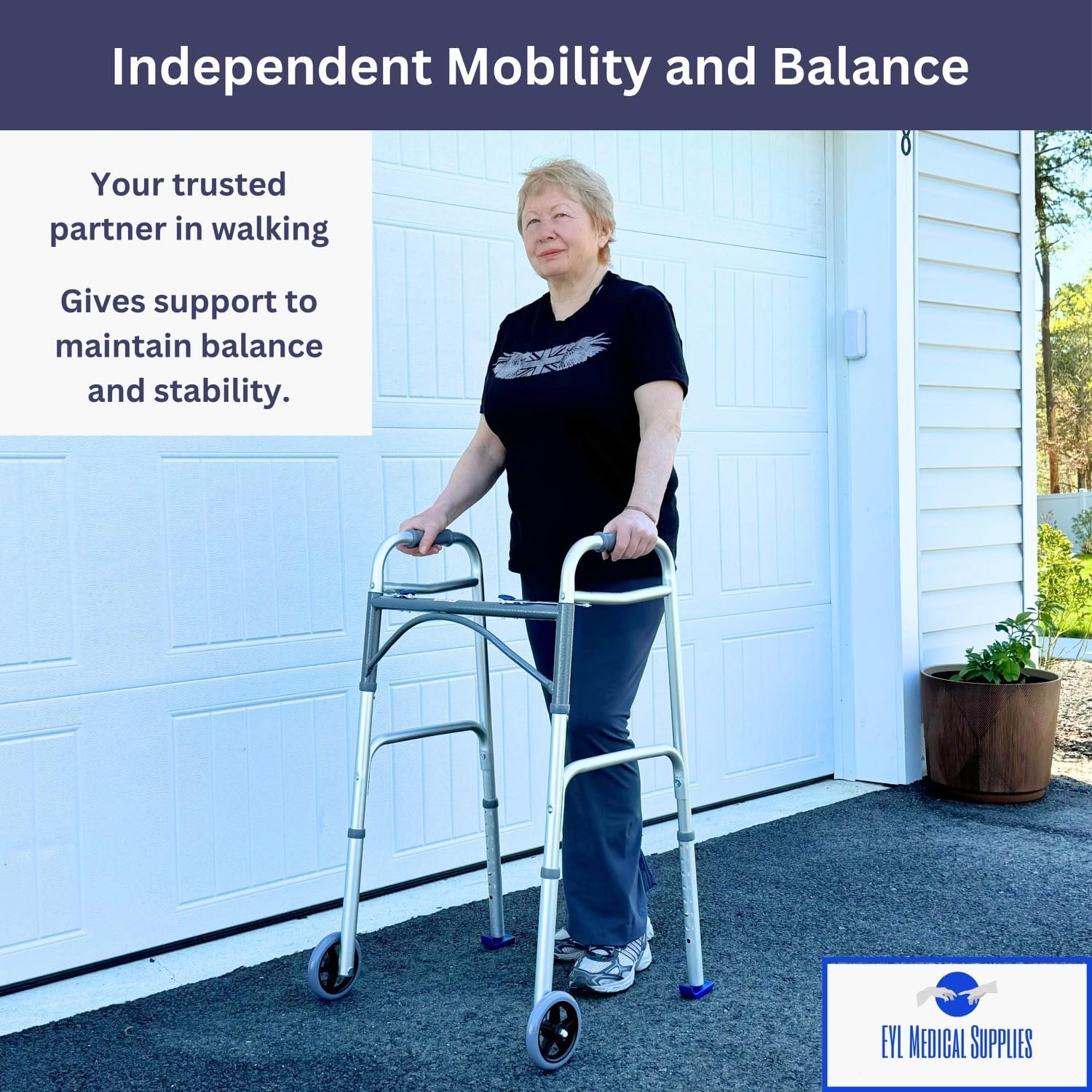 Two-Button Folding Walker with 5 in Wheels and Ski Glides, Height Adjustable

