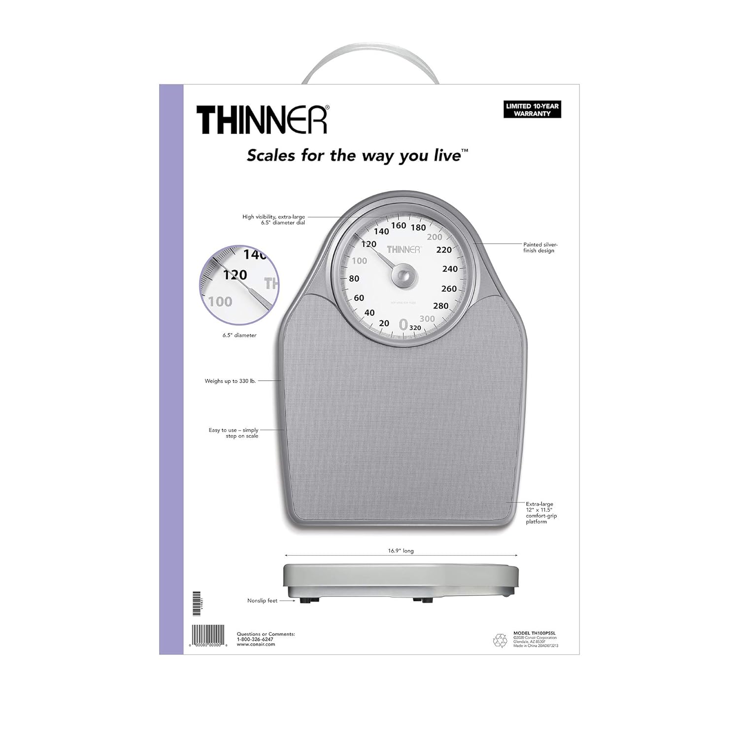 Conair Thinner Extra-Large Analog Dial Bathroom Scale for Body Weight, 330 lb


