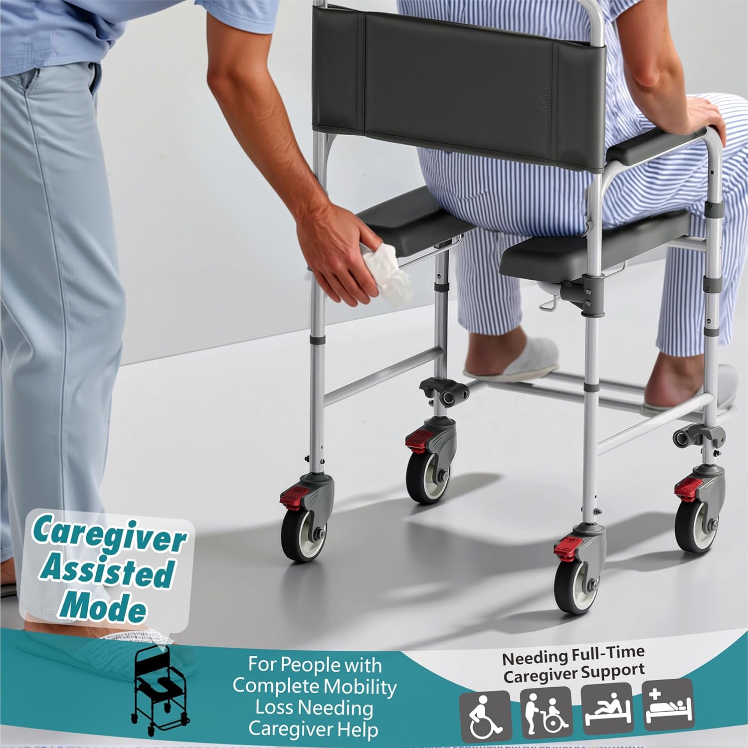 Bedside Commode with Wheels, Shower Wheelchair Potty Chair, 300 lb Weight Capacity


