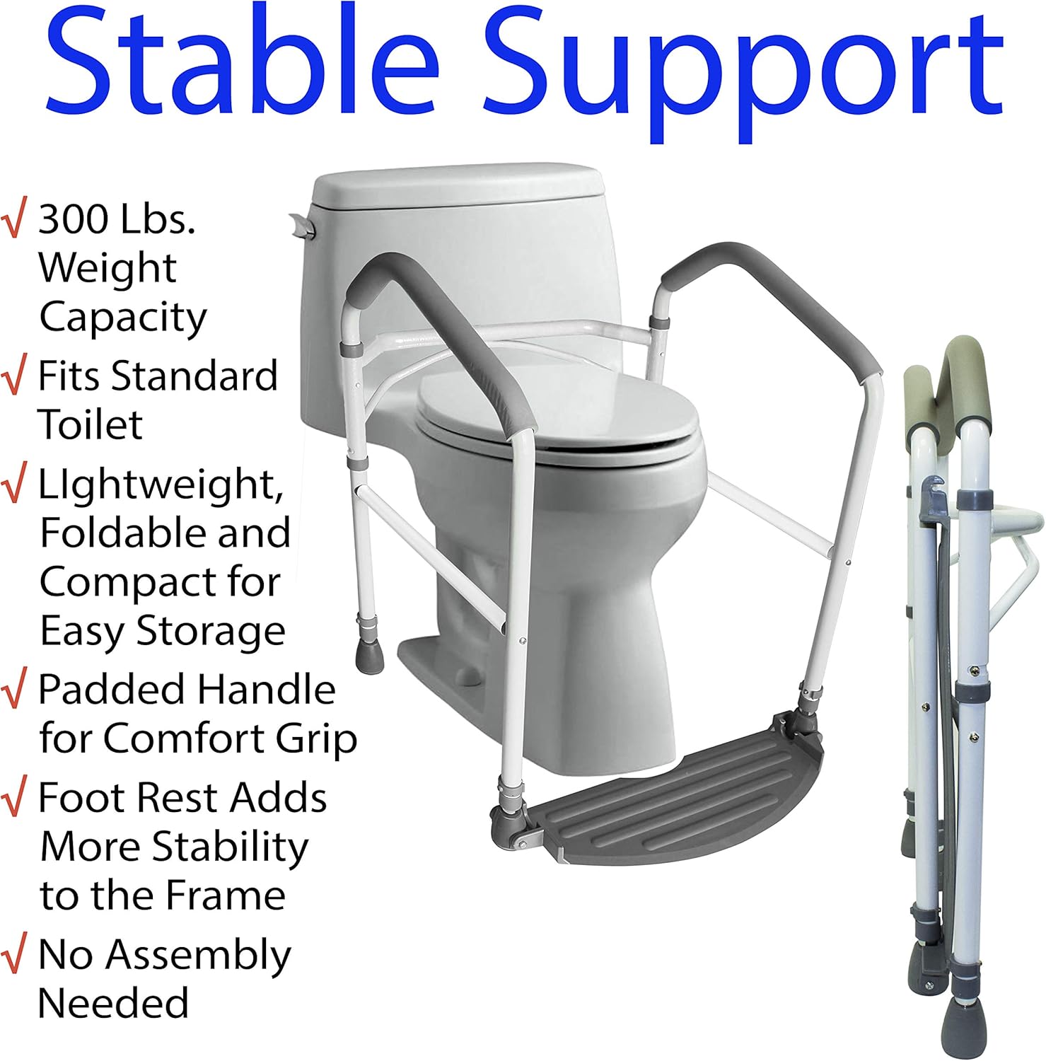 RMS Folding Portable Toilet Safety Frame with Adjustable Height Handrails

