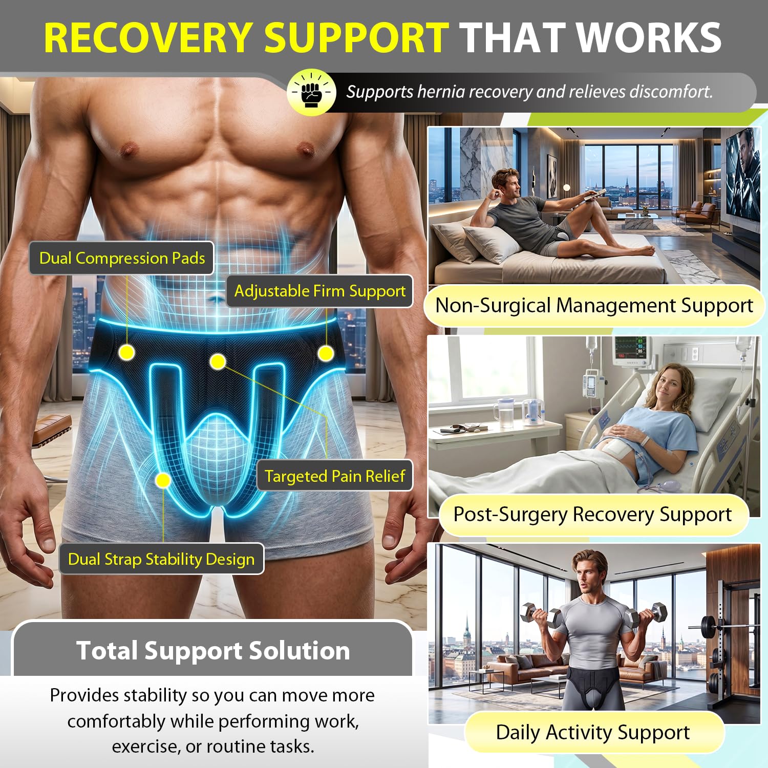 BLITZU Hernia Belt Truss for Inguinal & Groin Support with 2 Compression Pads

