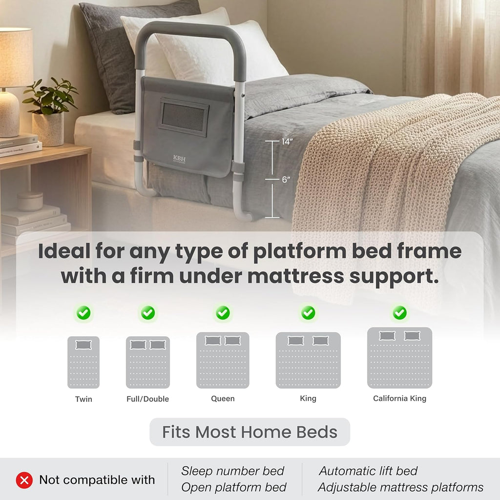 Bed Assist Rail for Seniors, Adjustable Non-Slip Handle with LED Light & Storage

