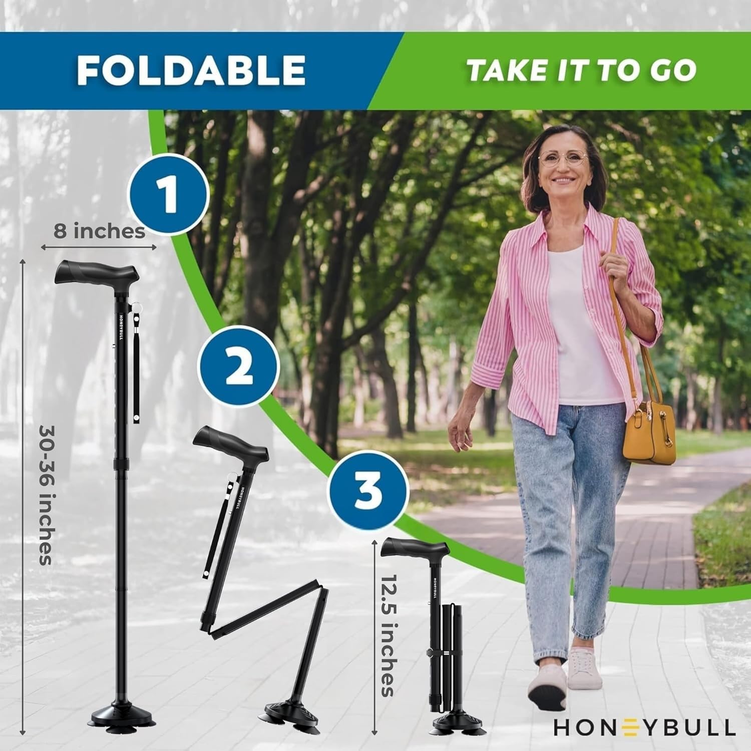 HONEYBULL Foldable Adjustable Walking Cane for Men & Women, All-Terrain Walking Stick

