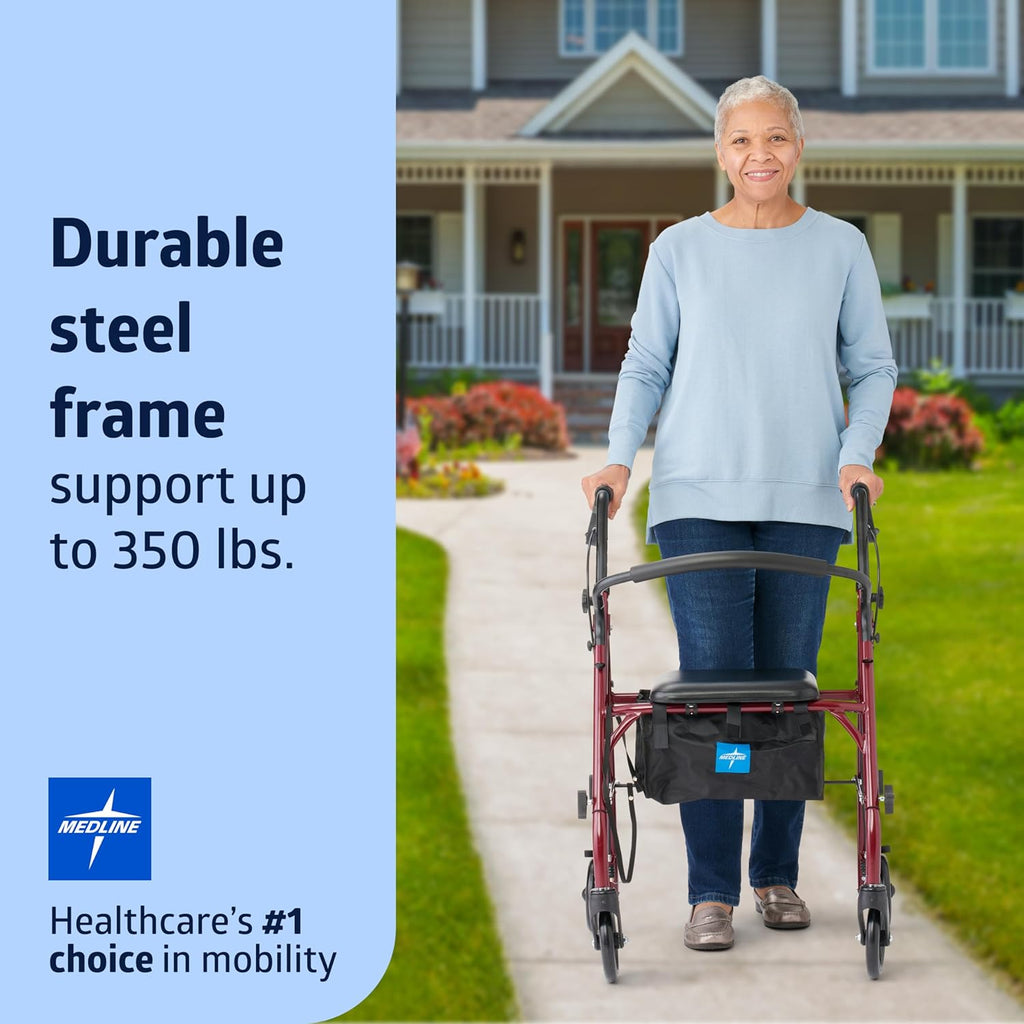 Medline Steel Rollator Walker with Seat, Foldable, Adjustable Handles, 6 in Wheels, 350 lb

