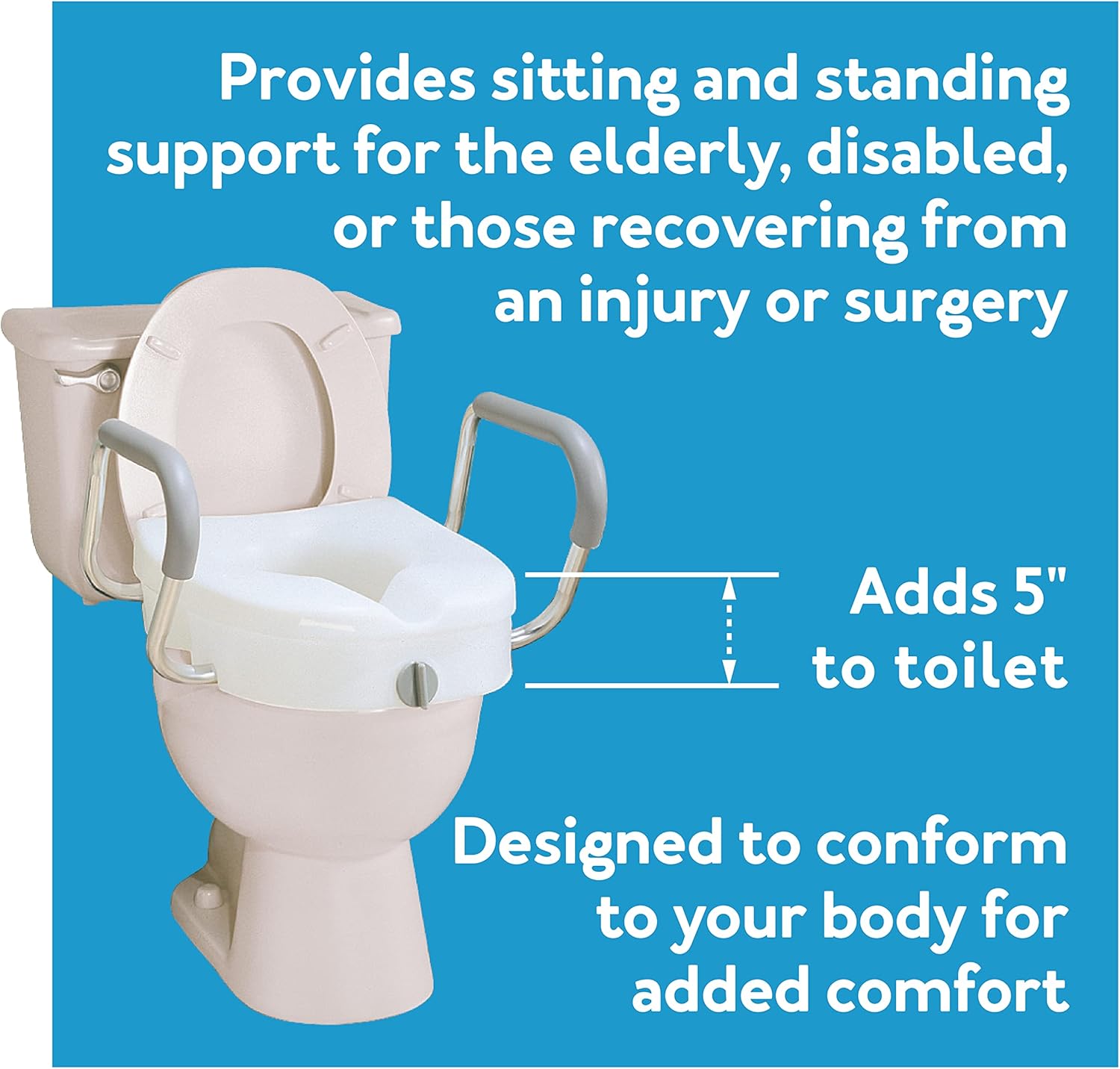 Carex E-Z Lock Raised Toilet Seat Riser with Safety Frame, 5 In Lift, Padded Handles


