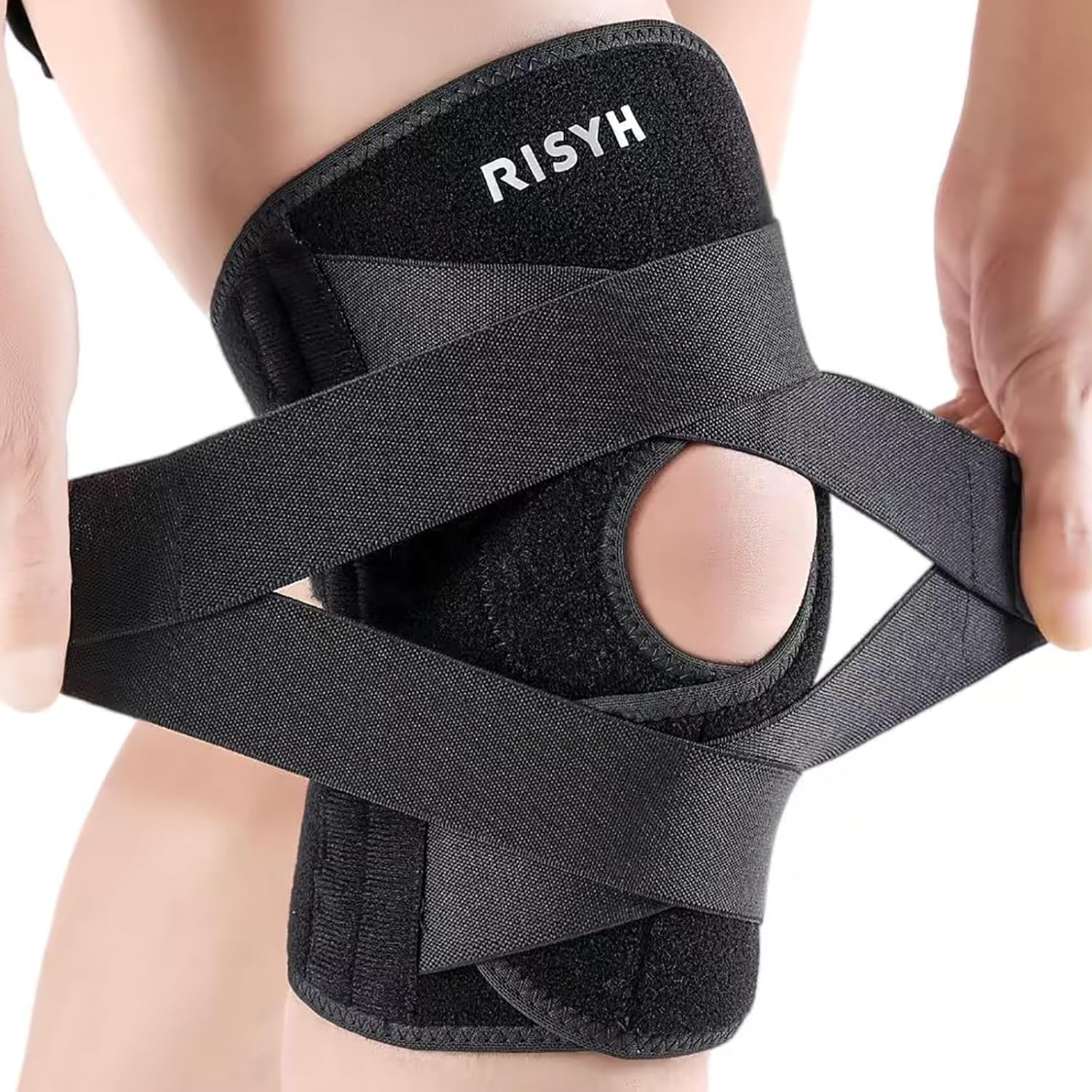 Risyh Adjustable Knee Brace with Cross Strap, Open Patella Gel Pad & Side Stabilizers

