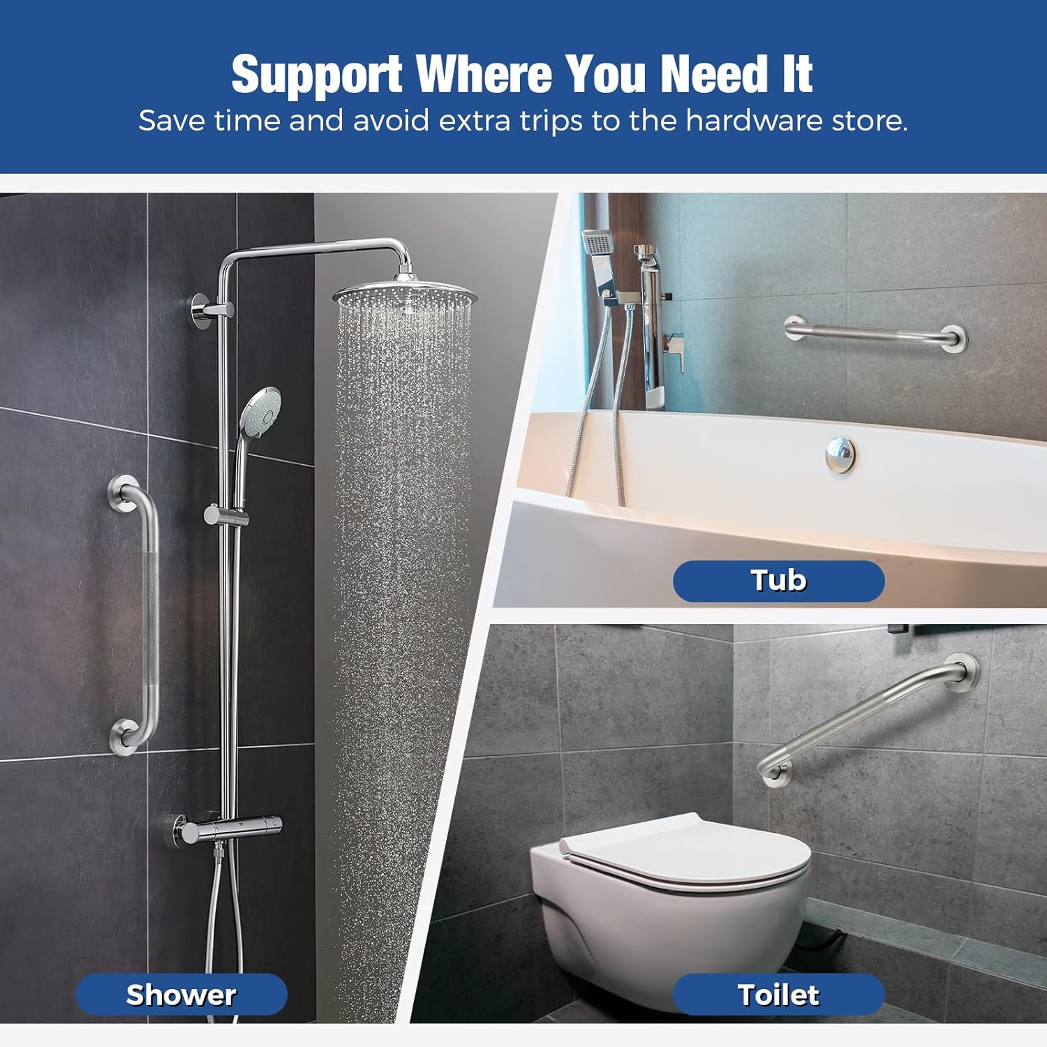 Stainless Steel Shower Grab Bar with Anti-Slip Textured Grip for Bathroom Safety

