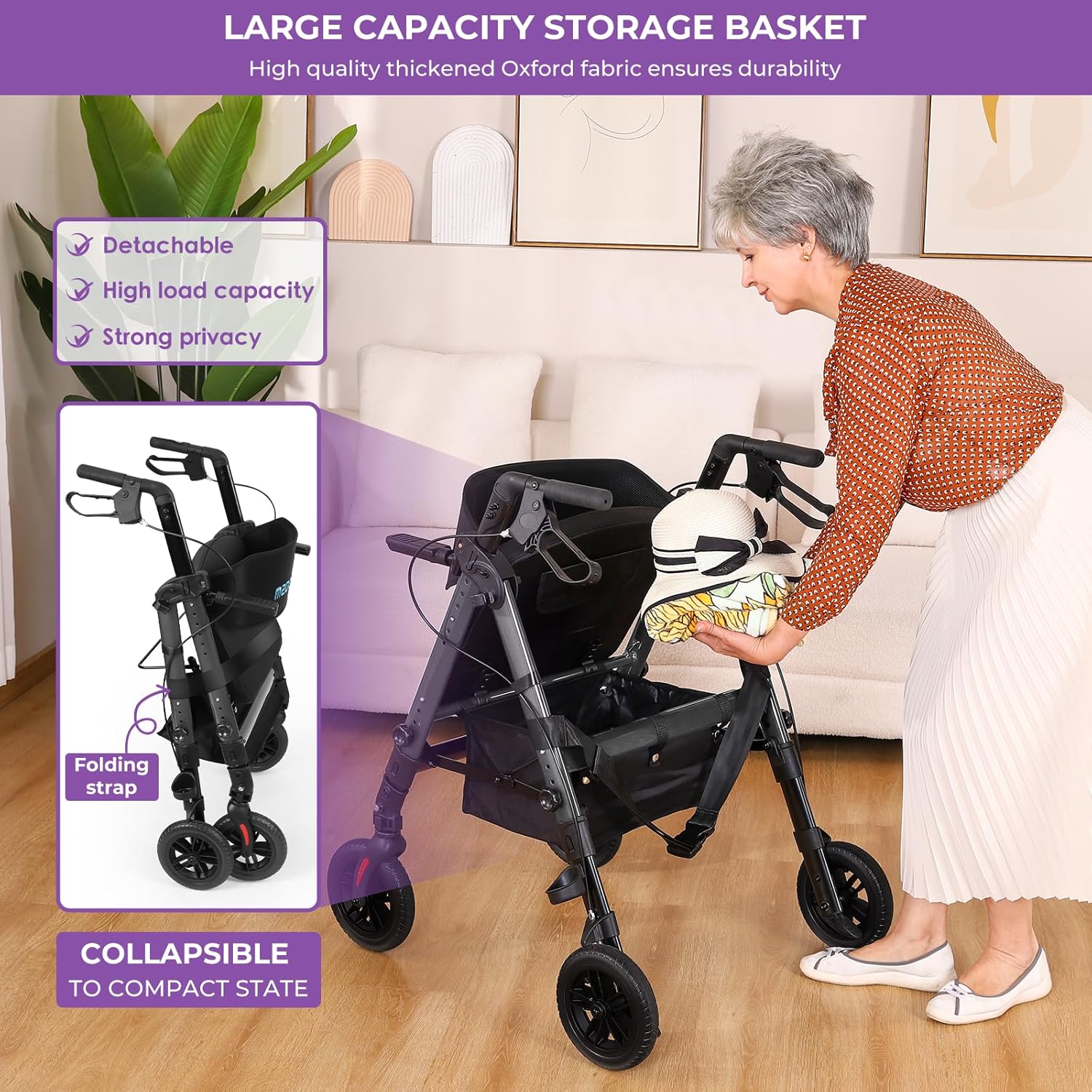 Akoasm Heavy Duty Rollator Walker with Seat, Foldable 2-in-1 Wheelchair Combo


