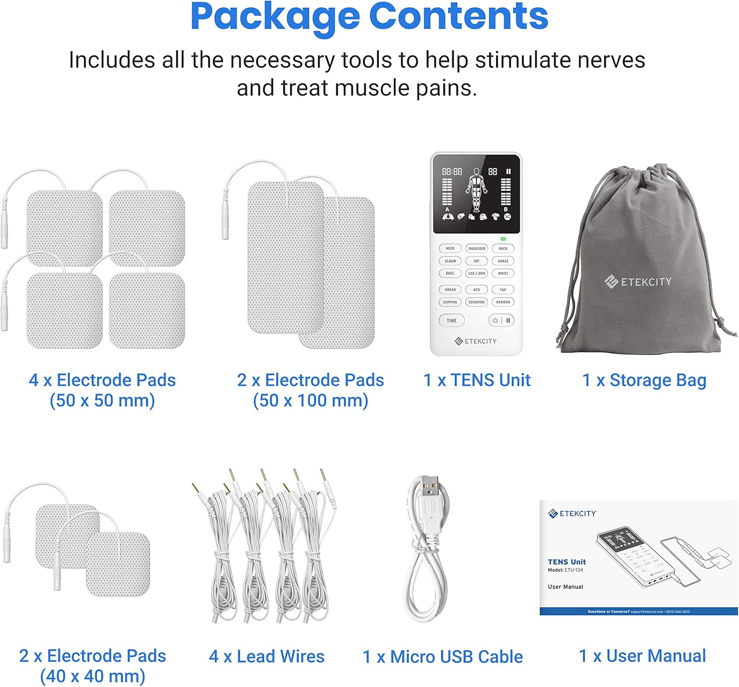 Etekcity 4-Channel Rechargeable TENS Unit Muscle Stimulator with Electrode Pads

