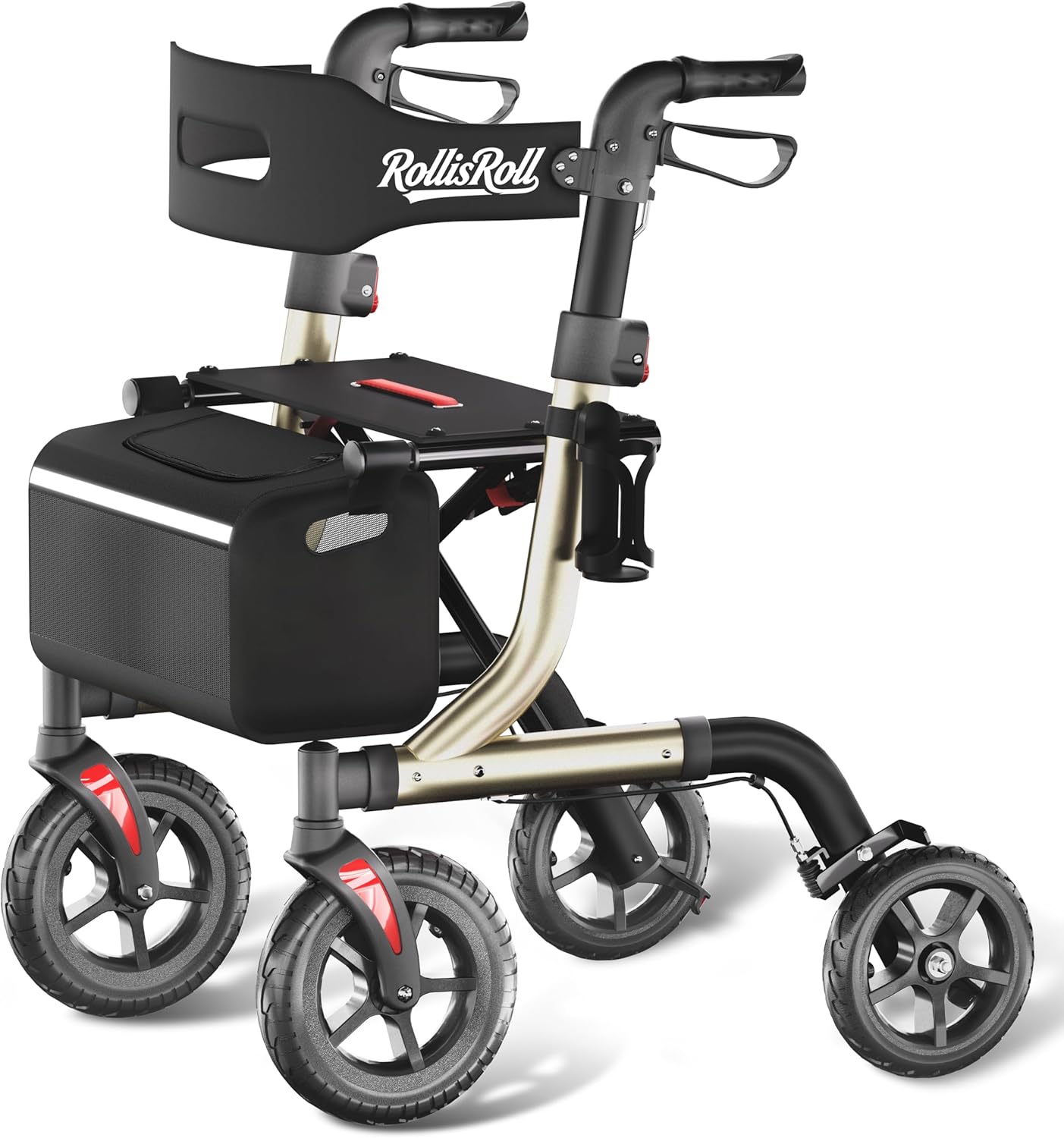 RollisRoll Rollator Walker with Seat, Foldable 4-Wheel, 10" All-Terrain Rubber Wheels

