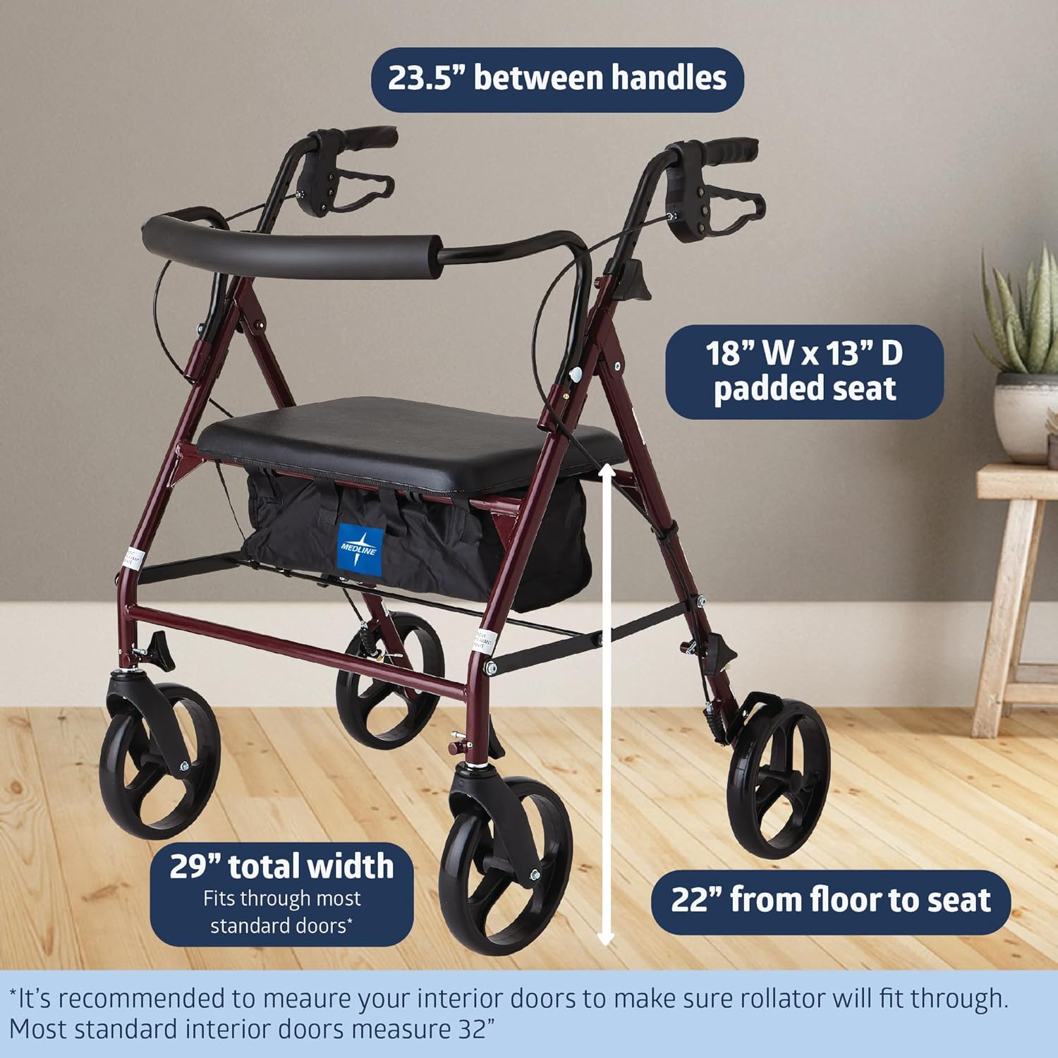 Medline Bariatric Steel Rollator Walker, Adjustable Handles, Foldable, Padded Seat & Backrest

