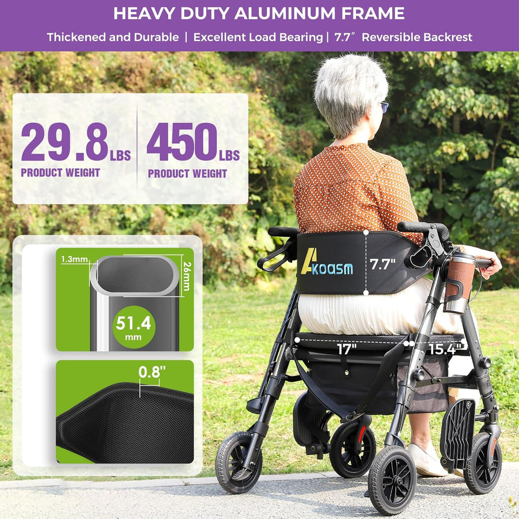 Akoasm Heavy Duty Rollator Walker with Seat, Foldable 2-in-1 Wheelchair Combo

