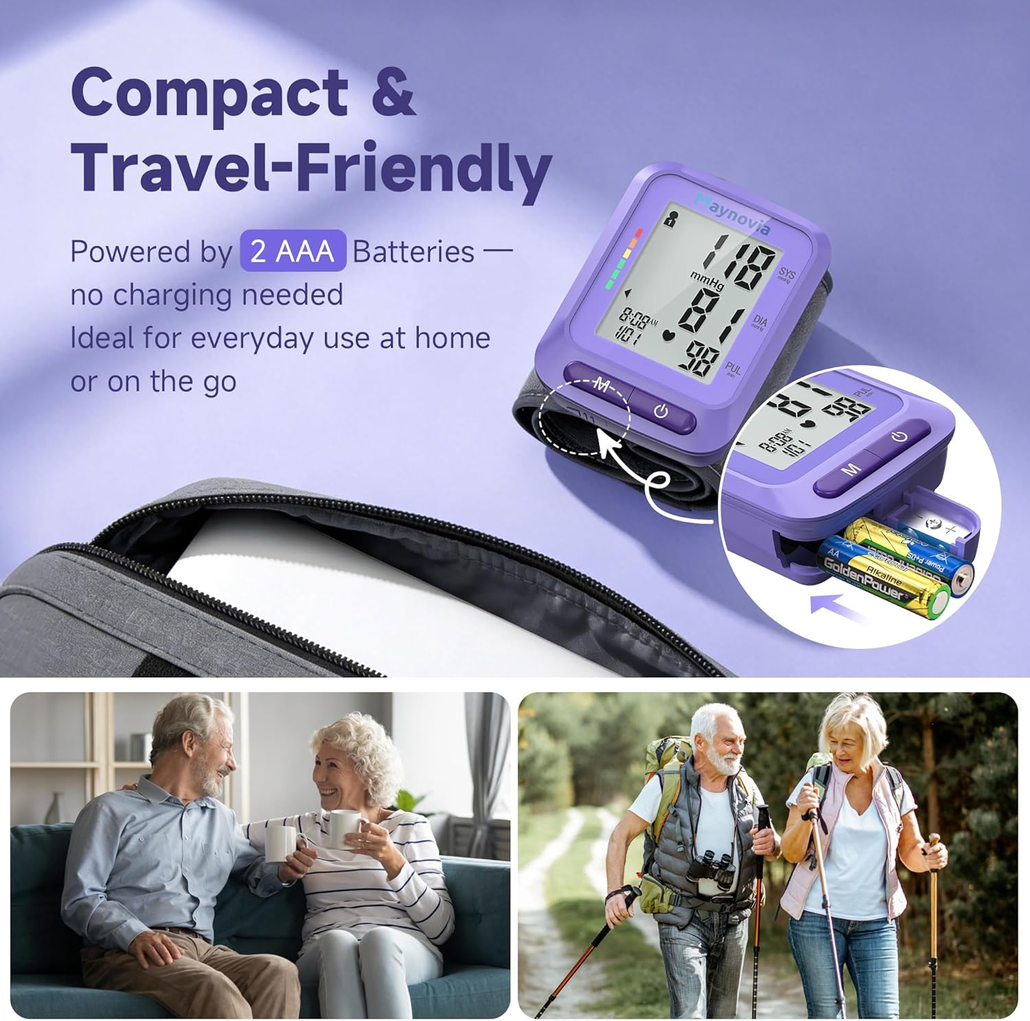 Dual-User Wrist Blood Pressure Monitor with LCD Display and 120 Memory for Home Use

