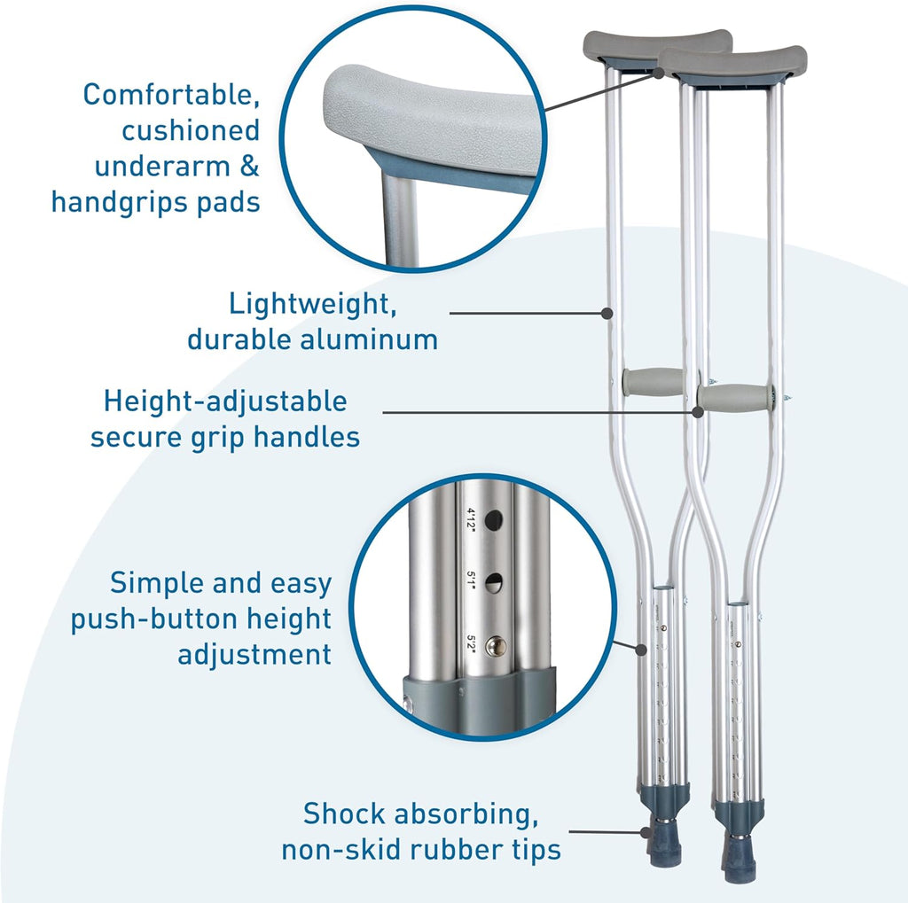 BodyMed Aluminum Crutches for Adults and Children, Pair Height Adjustable, 300 lb

