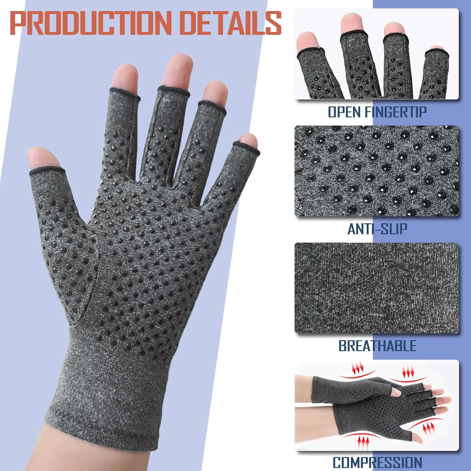 6 Pairs Arthritis Compression Gloves, Fingerless Hand Support for Typing Driving

