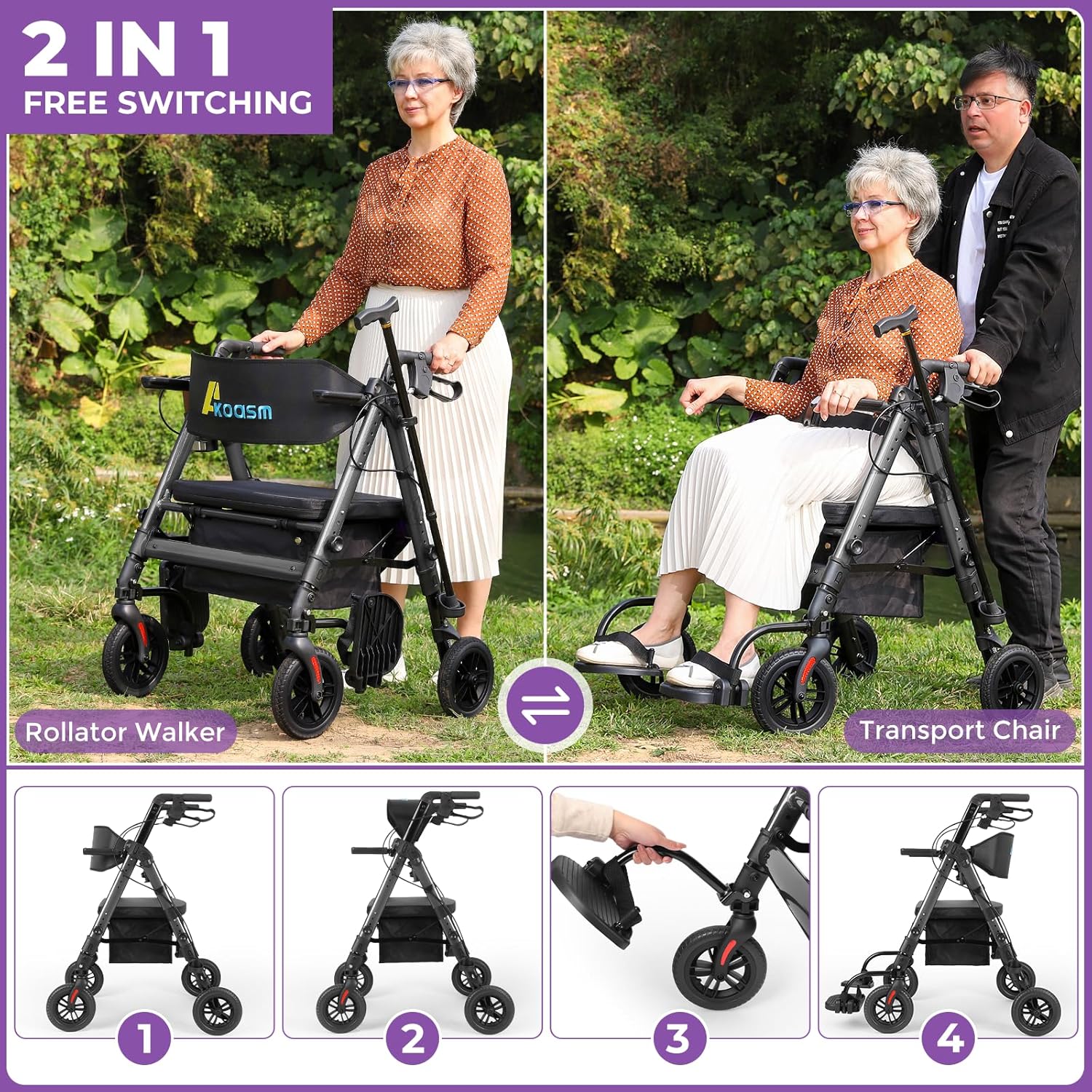 Akoasm Heavy Duty Rollator Walker with Seat, Foldable 2-in-1 Wheelchair Combo

