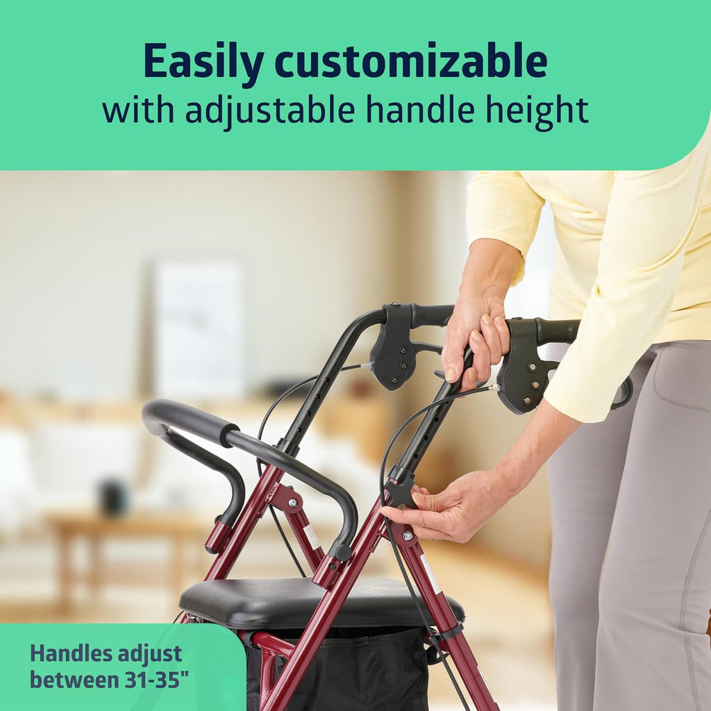 Medline Steel Rollator Walker with Seat, Foldable, Adjustable Handles, 6 in Wheels, 350 lb

