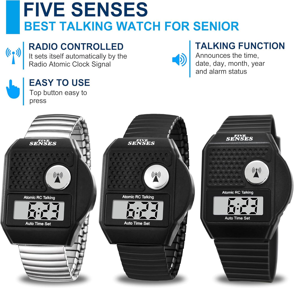 Five Senses English Atomic Talking Watch, Loud Audible Timepiece for Vision Impaired

