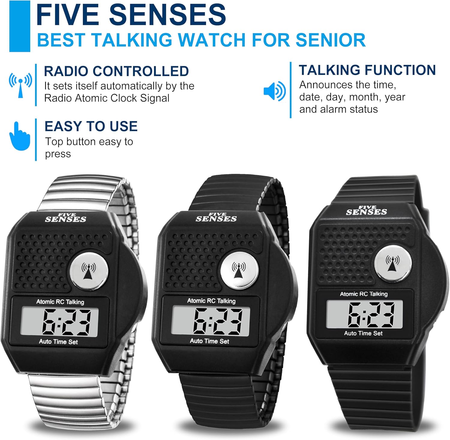 Five Senses English Atomic Talking Watch, Loud Audible Timepiece for Vision Impaired

