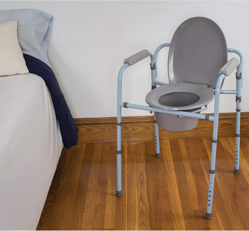 Carex 3-in-1 Folding Bedside Toilet Chair and Raised Toilet Seat, Portable Potty

