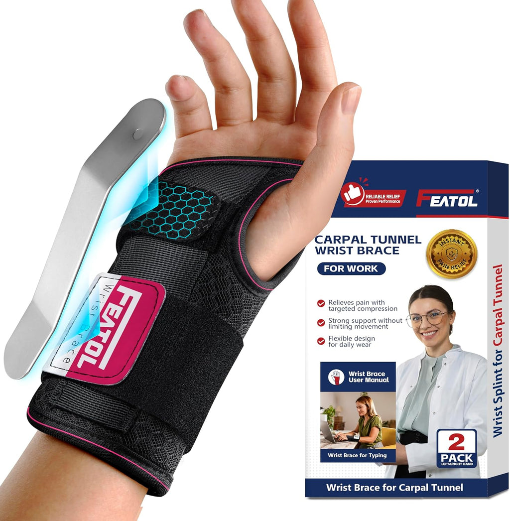 FEATOL Carpal Tunnel Wrist Brace Night Support with Removable Splint, Breathable Mesh


