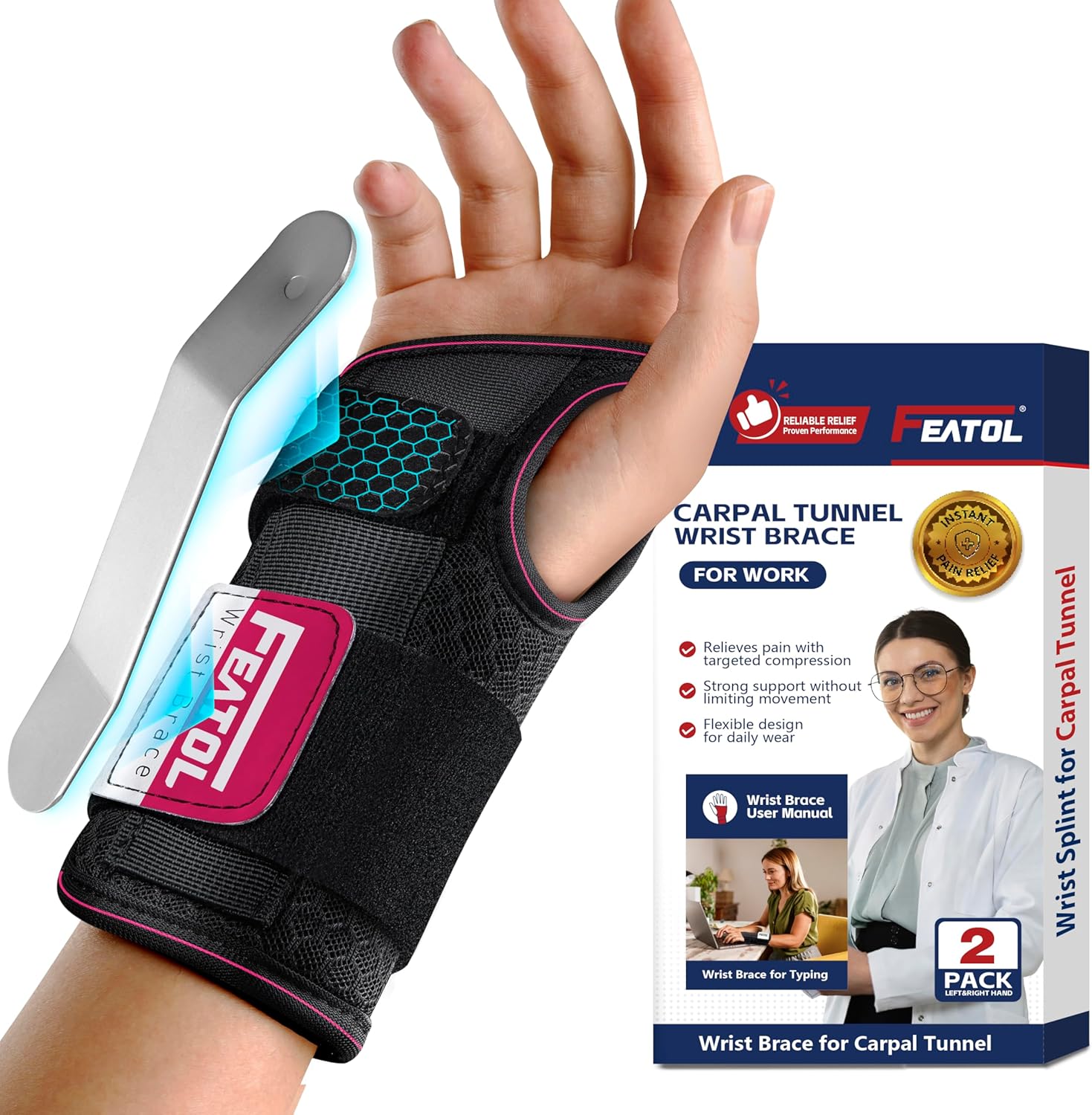 FEATOL Carpal Tunnel Wrist Brace Night Support with Removable Splint, Breathable Mesh

