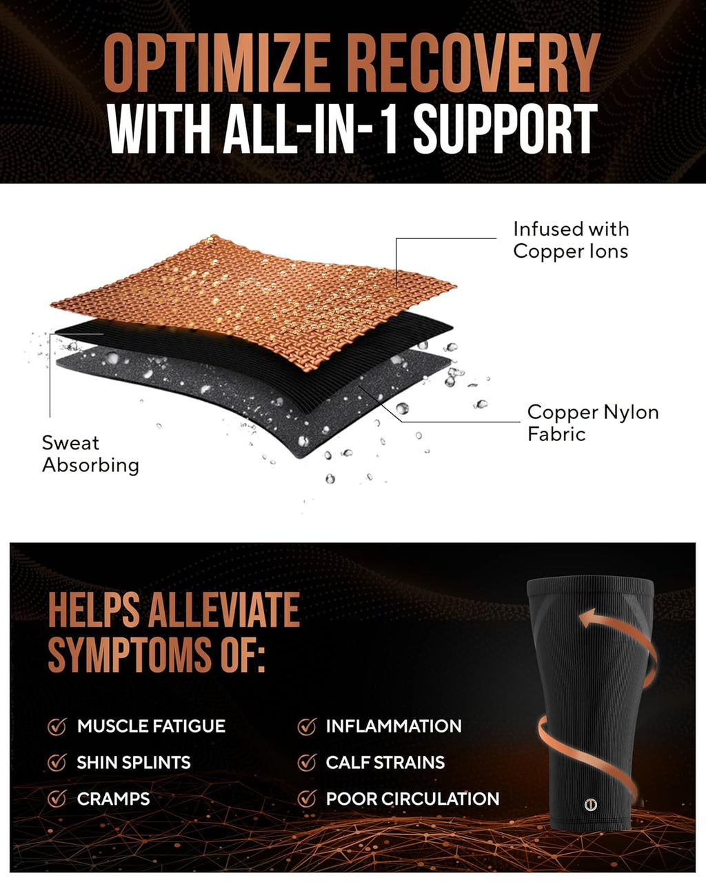 TheraCopper Copper Calf Compression Sleeve, Breathable Non-Slip Leg Support

