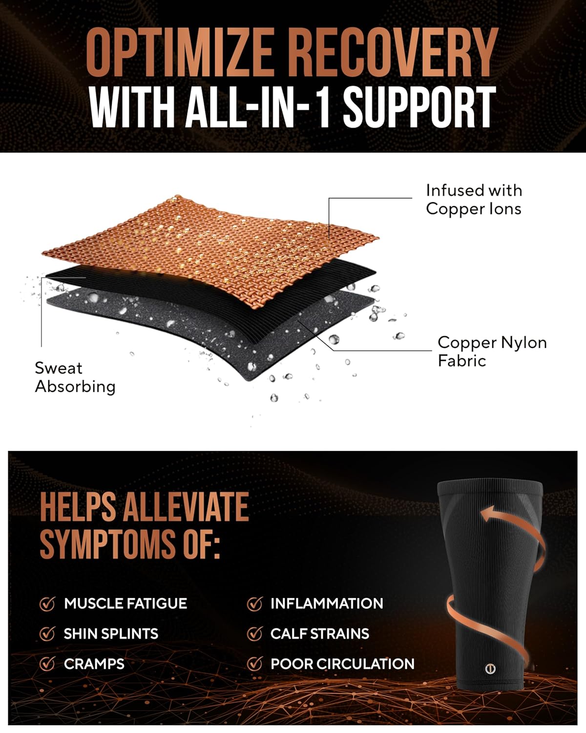 TheraCopper Copper Calf Compression Sleeve, Breathable Non-Slip Leg Support

