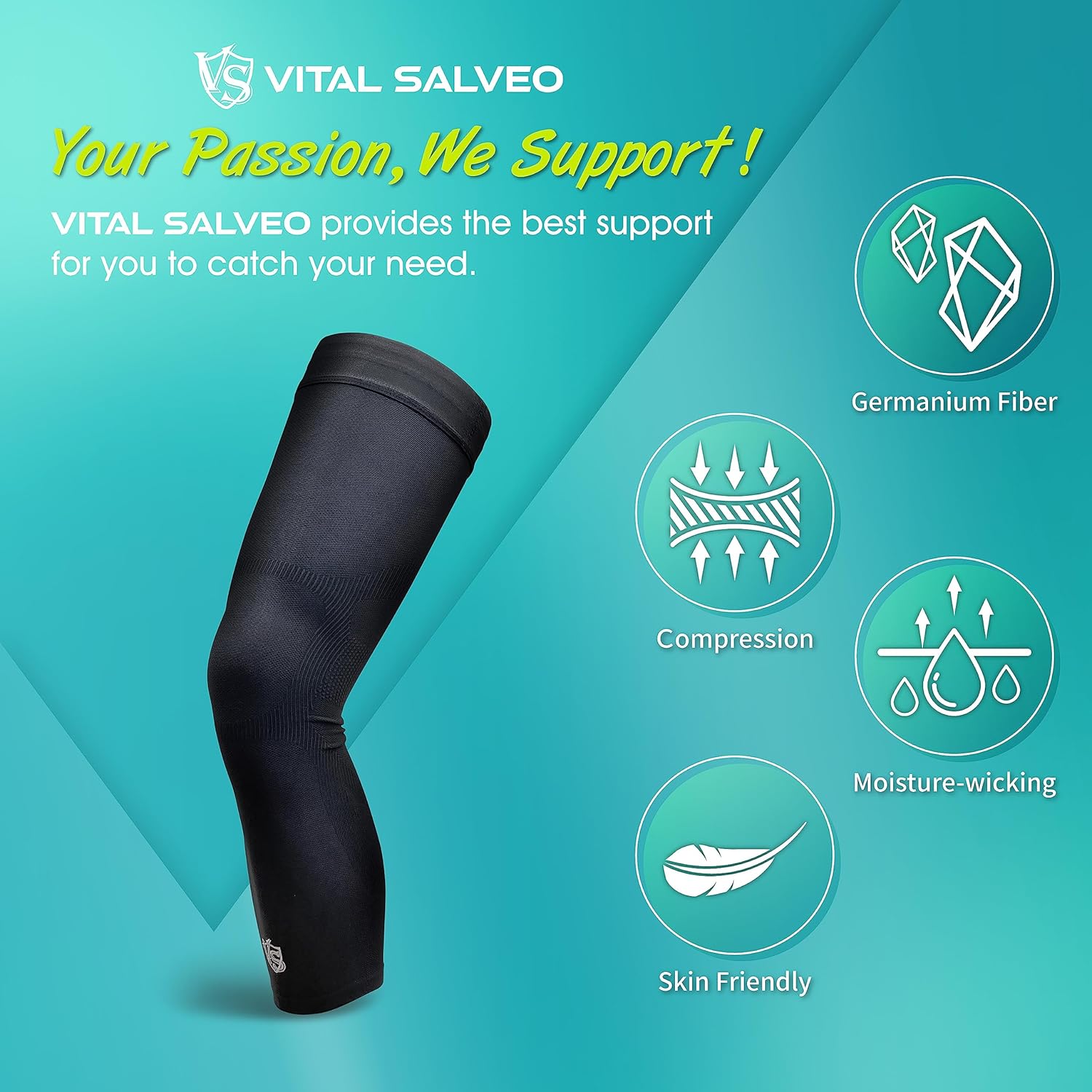 Vital Salveo Germanium Recovery Compression Full Leg Sleeve, Thigh to Calf, UPF 50+ 

