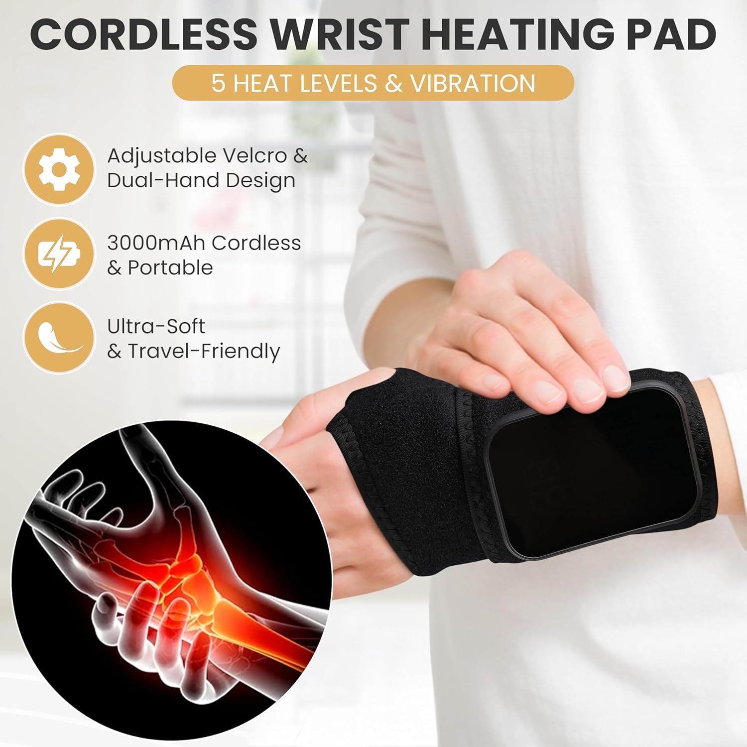 Cordless Wrist Heating Pad with Vibration, 5 Heat Levels, Rechargeable 3000mAh

