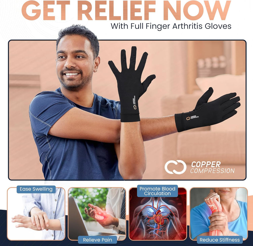 Copper Compression Arthritis Compression Full Finger Gloves with Touchscreen Fingertips

