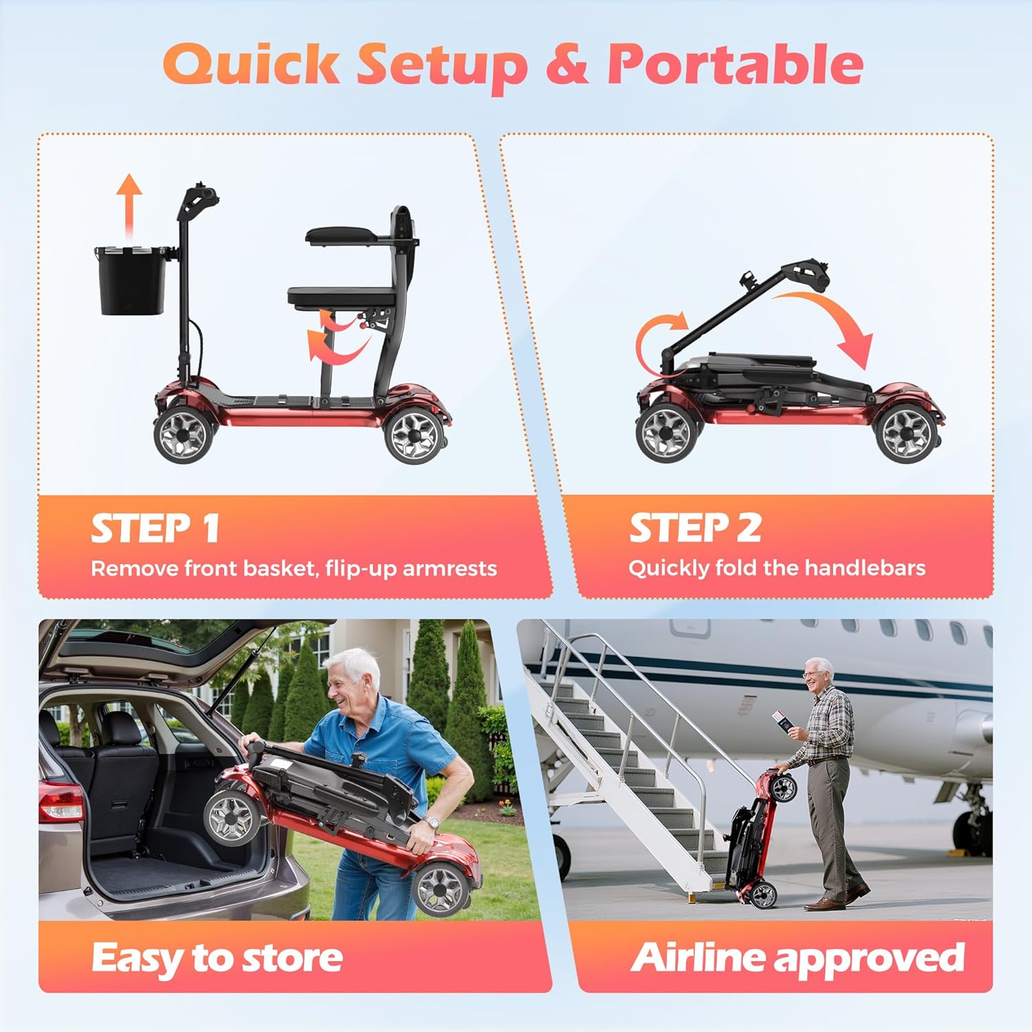 Lightweight Foldable Mobility Scooter for Adults, 4-Wheel Motorized, 300 lb

