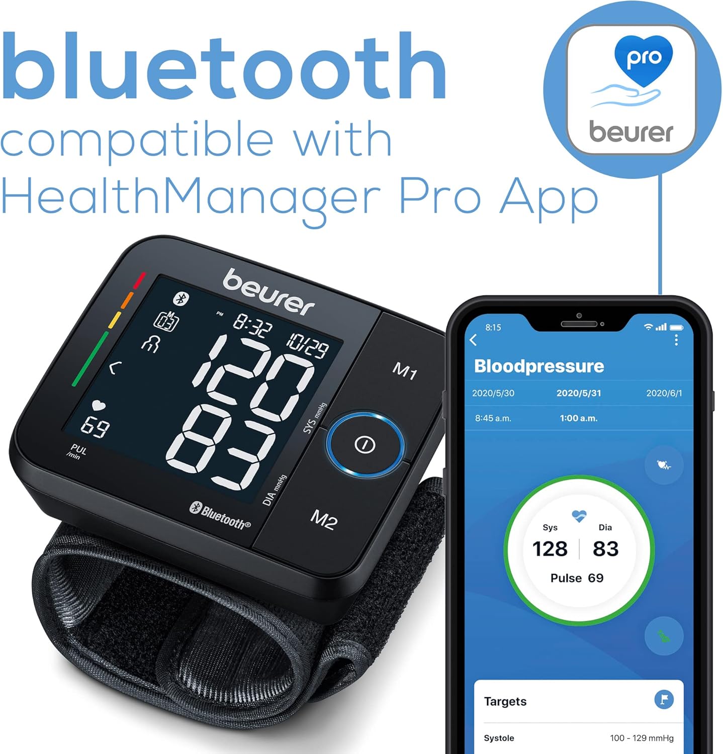 Beurer BC54 Wrist Blood Pressure Monitor with Bluetooth, Irregular Heartbeat, Display

