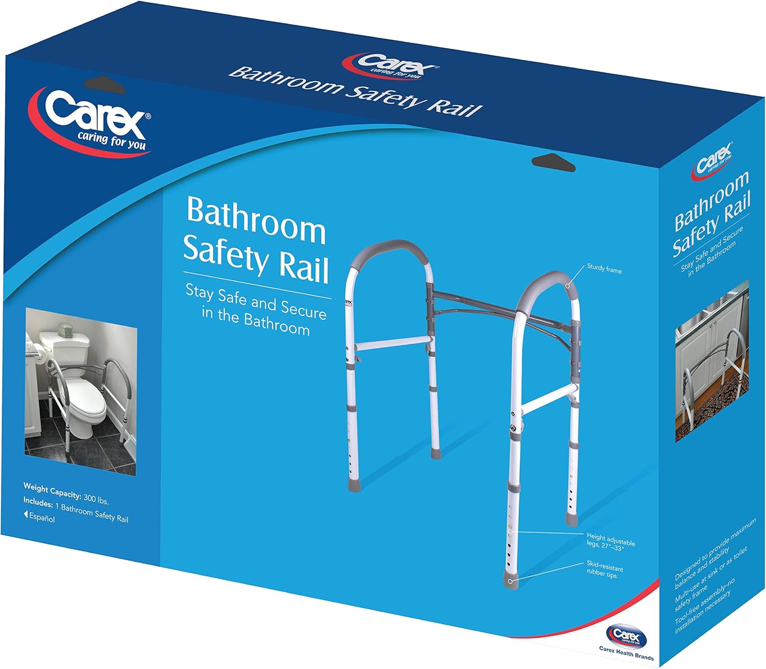 Carex Adjustable Toilet Safety Rail with Handles, Non-Slip Padded Grab Bar Frame

