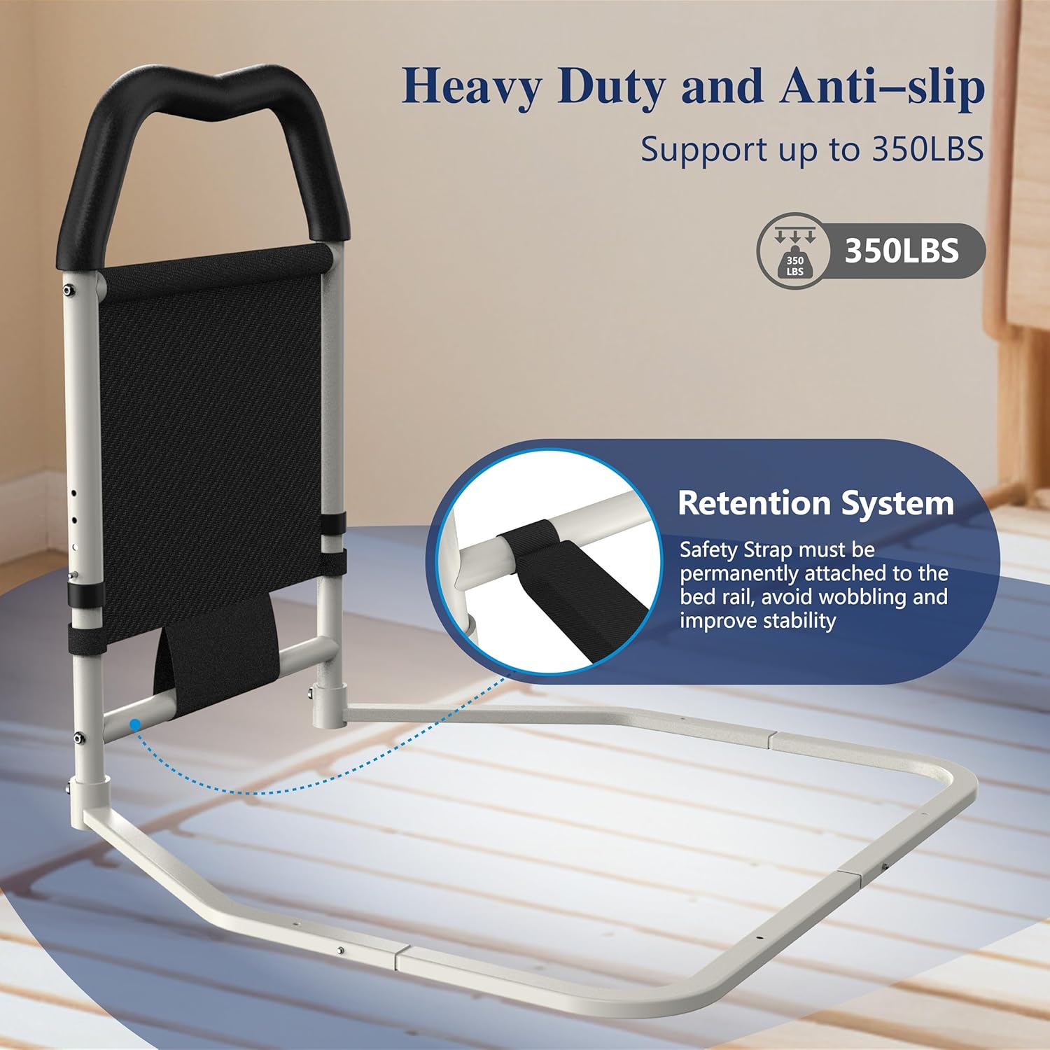 Adjustable Bed Rail for Elderly Safety Support, Non-Slip Handle, 350 lb Capacity

