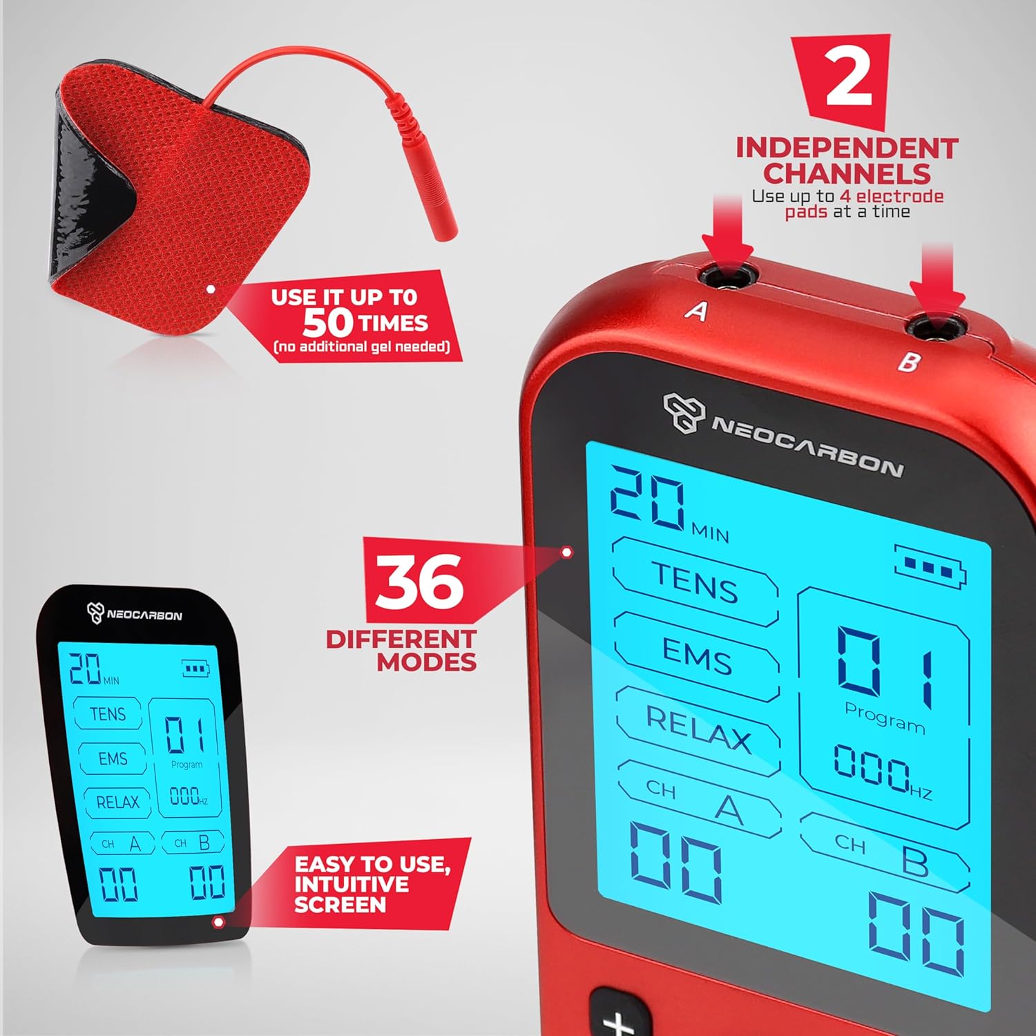 NEOCARBON TENS EMS PMS Muscle Stimulator Pro for Back Pain Relief Rechargeable

