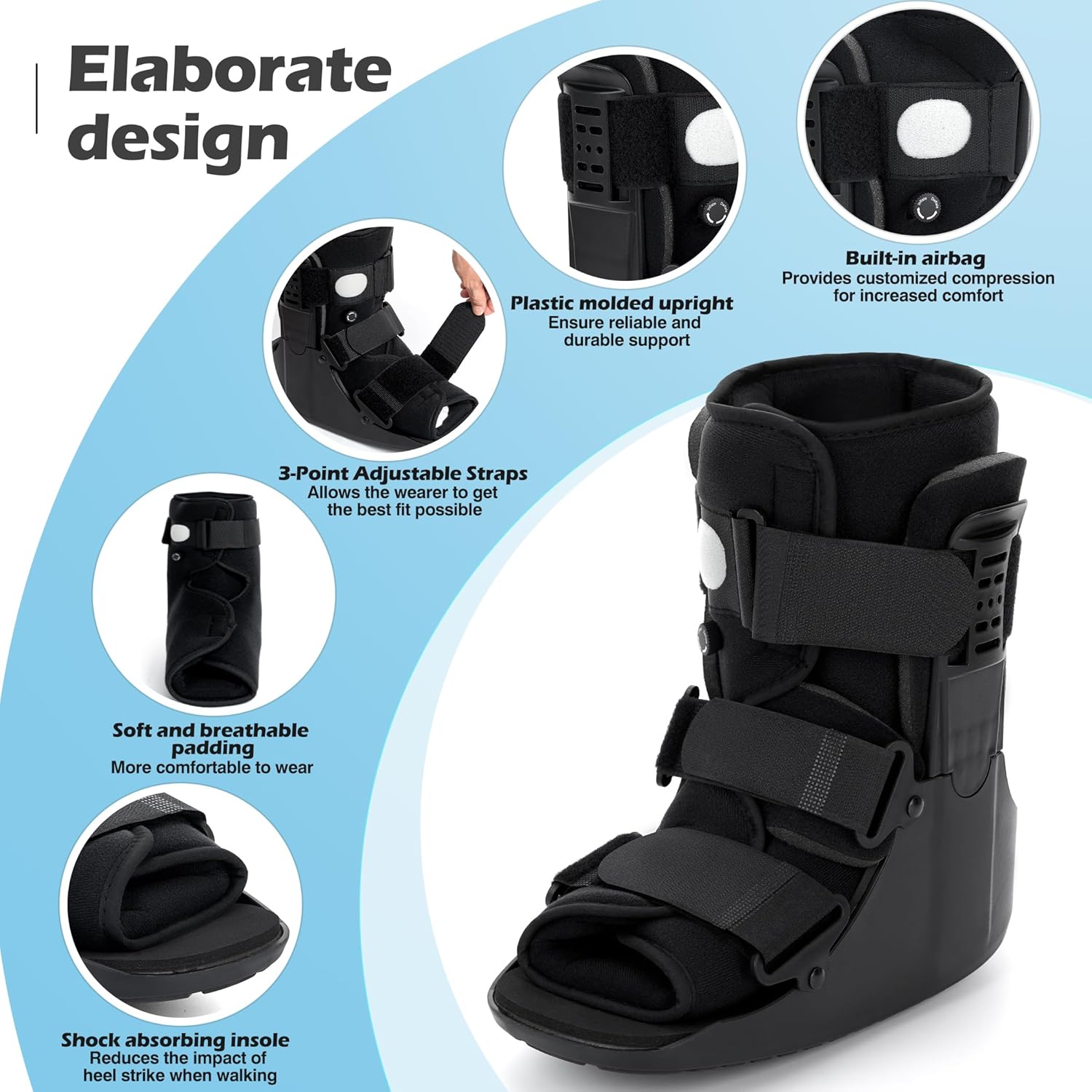 Lightweight Walking Boot for Broken Foot, Adjustable Straps, Rigid Ankle Support

