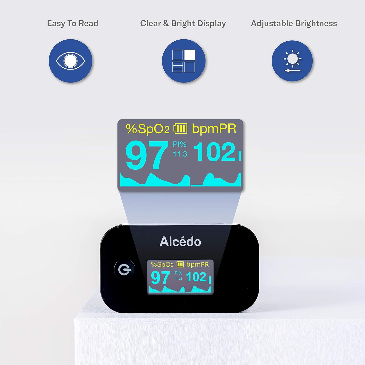 Alcedo Fingertip Pulse Oximeter, SpO2 and Heart Rate, Dual Color OLED Display

