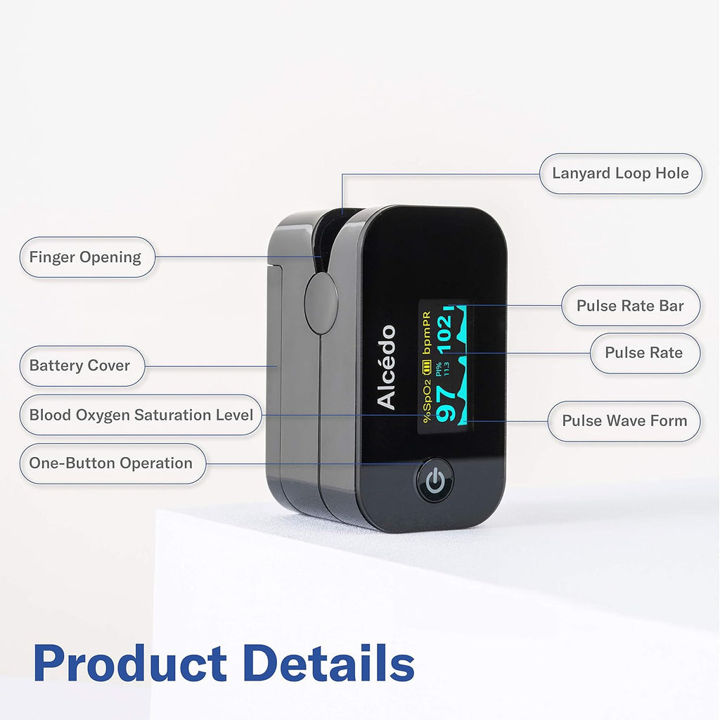 Alcedo Fingertip Pulse Oximeter, SpO2 and Heart Rate, Dual Color OLED Display

