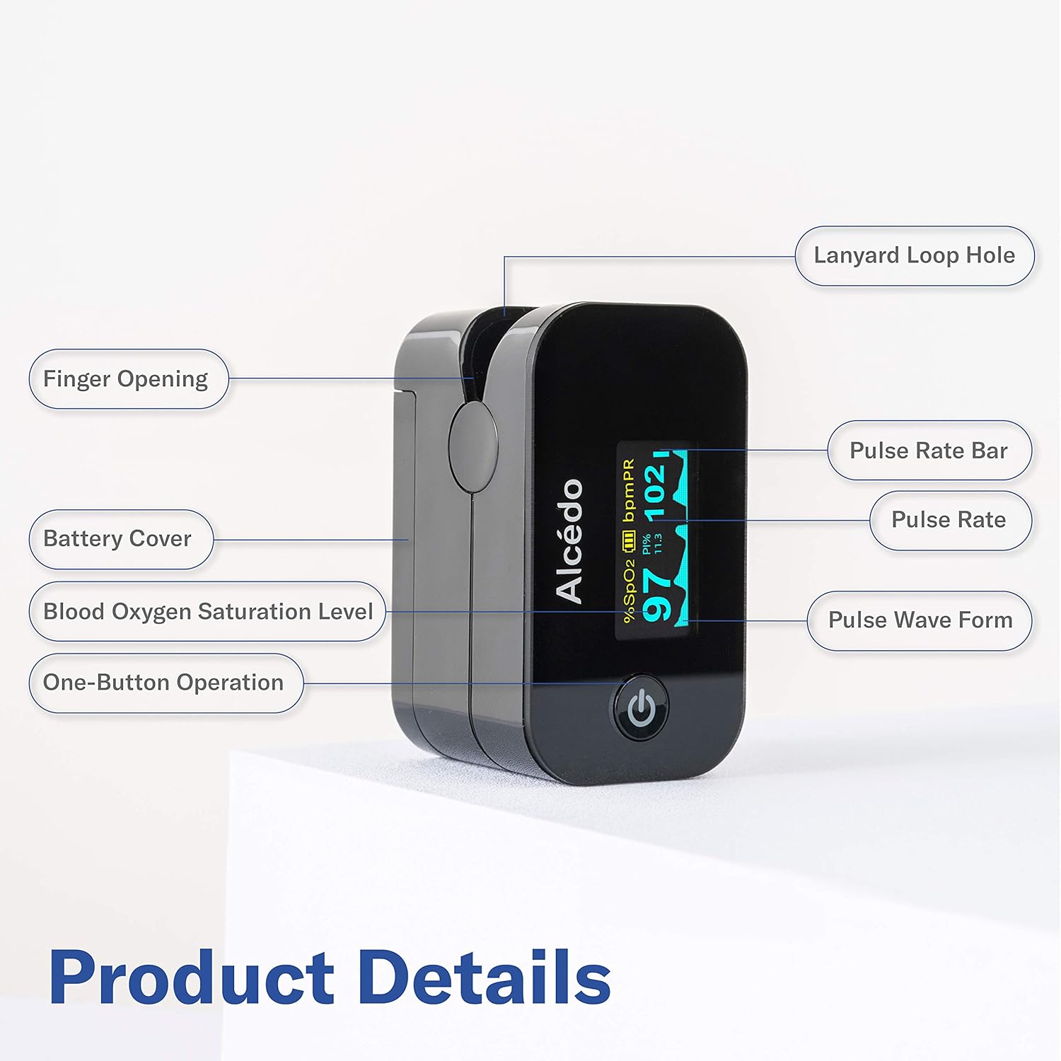Alcedo Fingertip Pulse Oximeter, SpO2 and Heart Rate, Dual Color OLED Display


