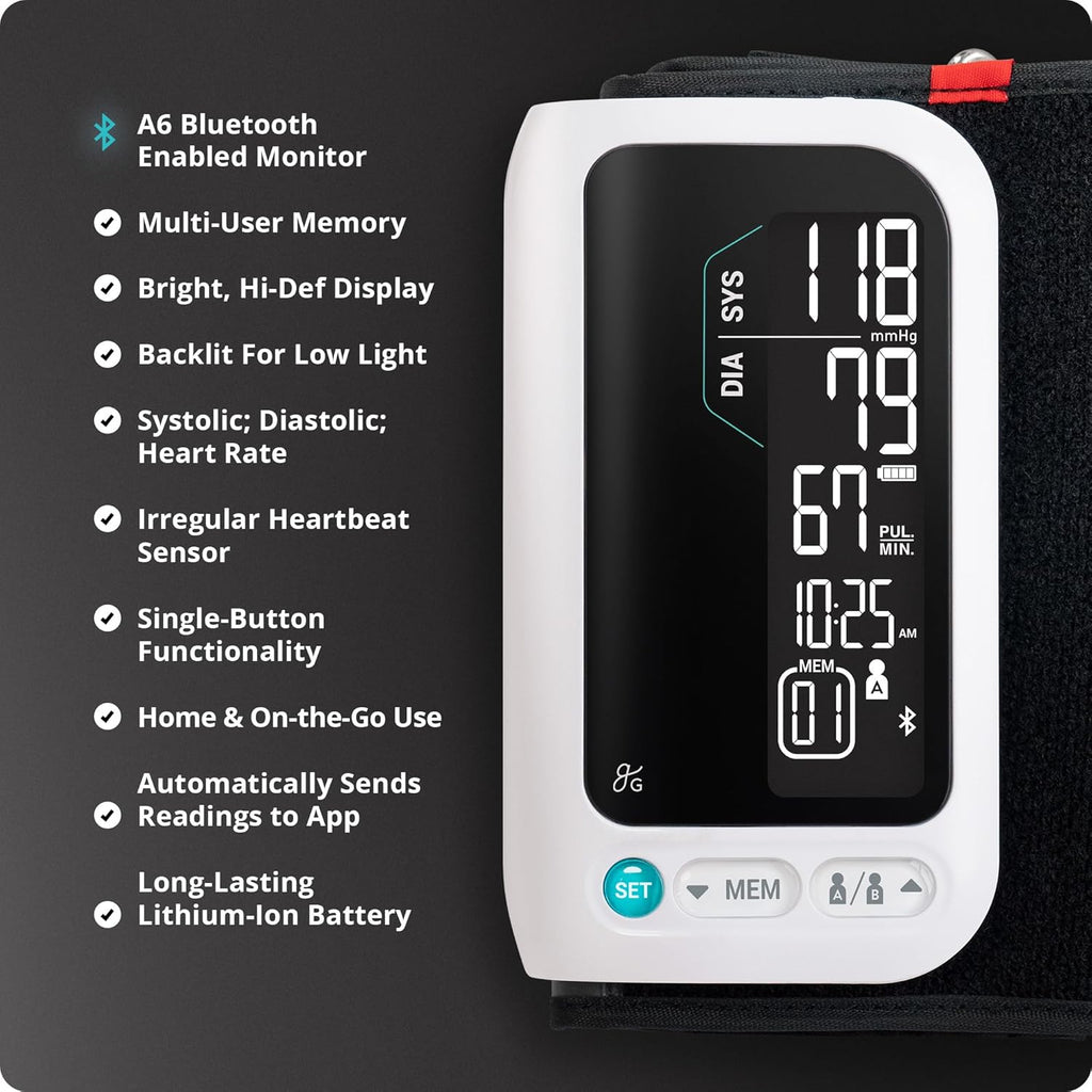 Greater Goods Bluetooth Upper Arm Blood Pressure Monitor with App and Rechargeable Cuff

