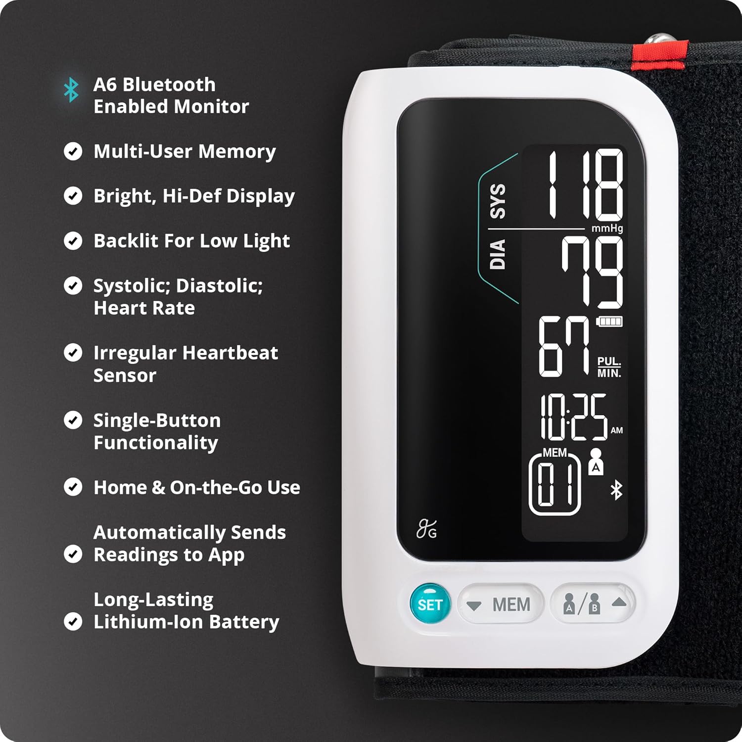Greater Goods Bluetooth Upper Arm Blood Pressure Monitor with App and Rechargeable Cuff

