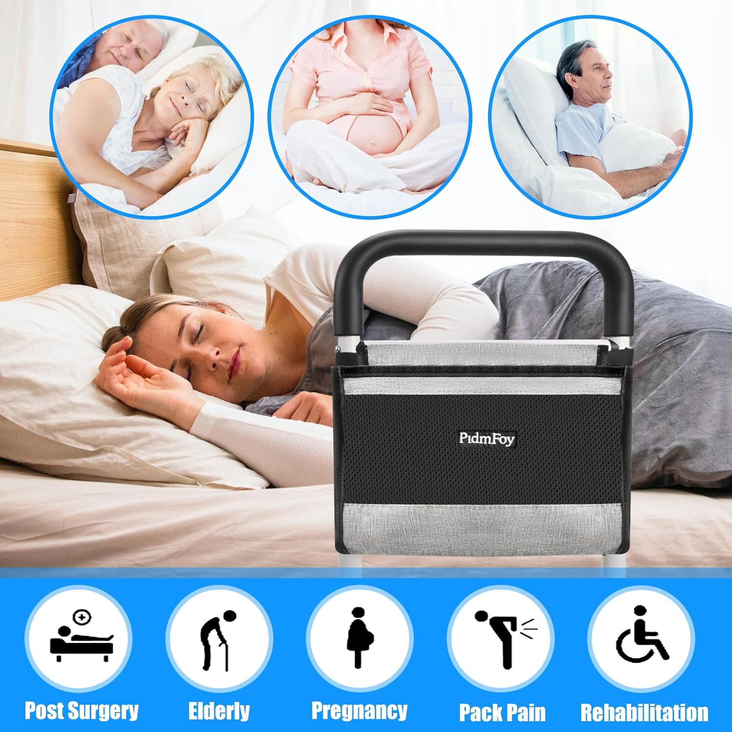 Height-Adjustable Bed Rails for Seniors with Safety Grip and Support Feet

