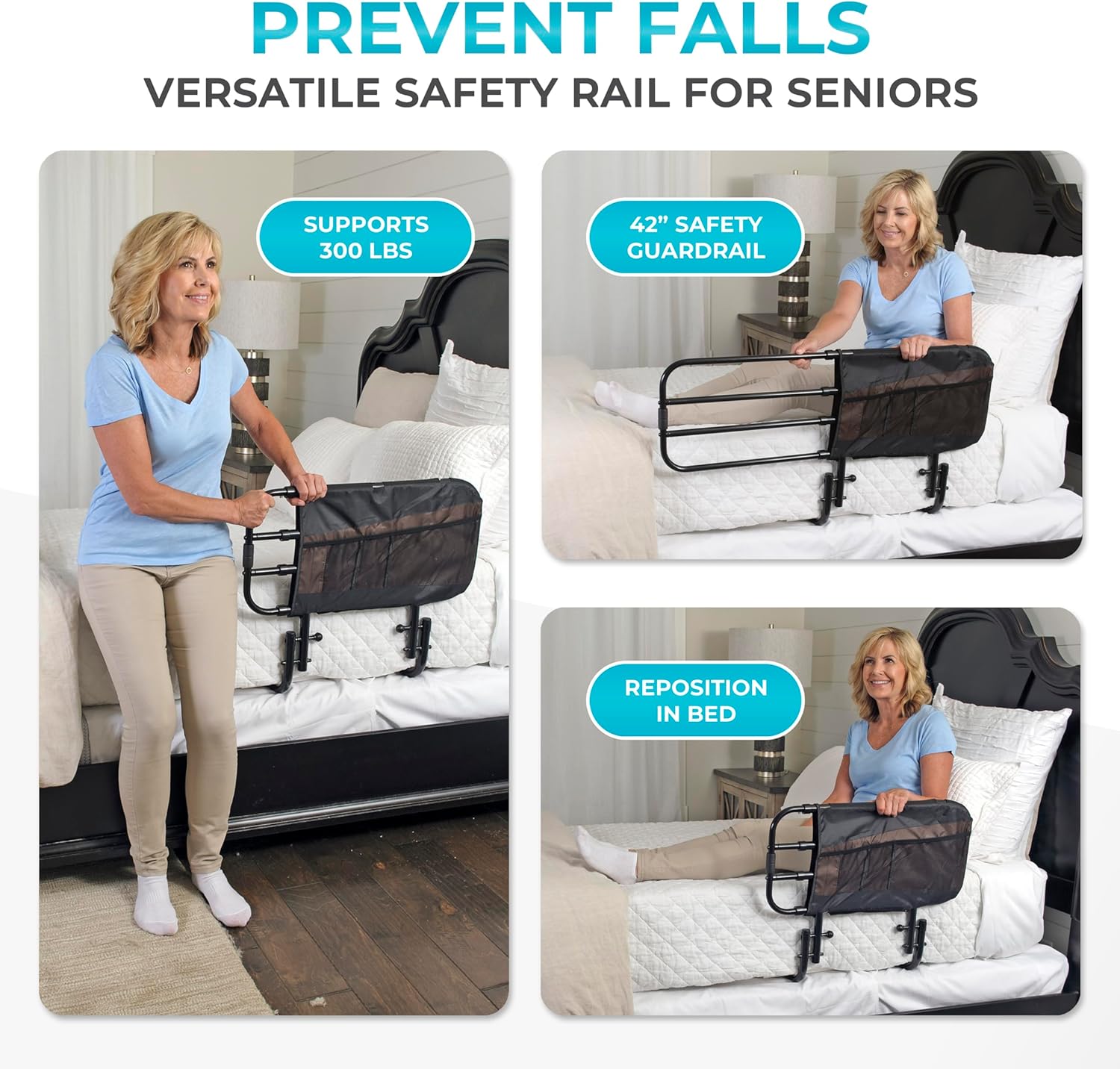 Stander EZ Adjust Bed Rail Adjustable Safety Assist Rail with Organizer Pouch, Black

