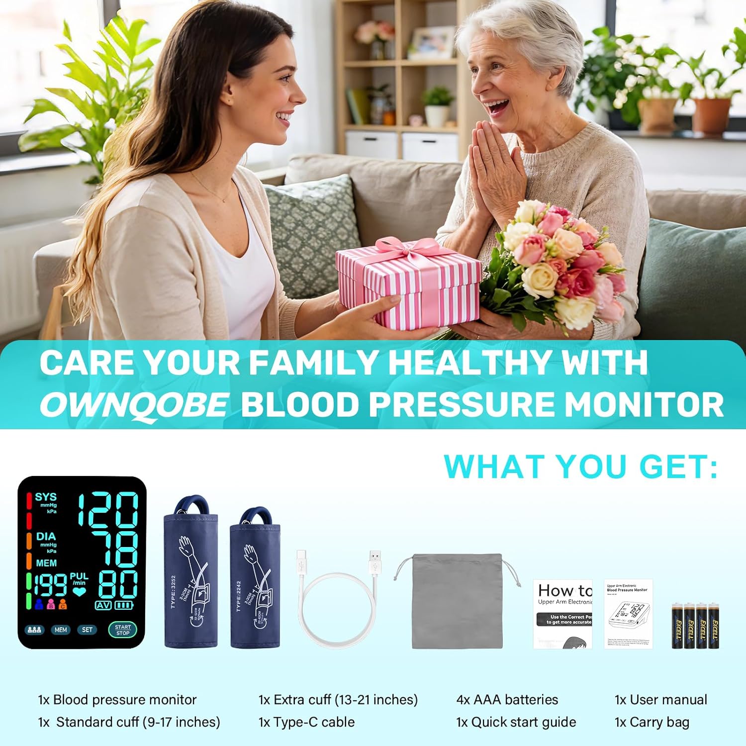 OWNQOBE Automatic Upper Arm Blood Pressure Monitor with Dual-Size Cuffs and LED Display

