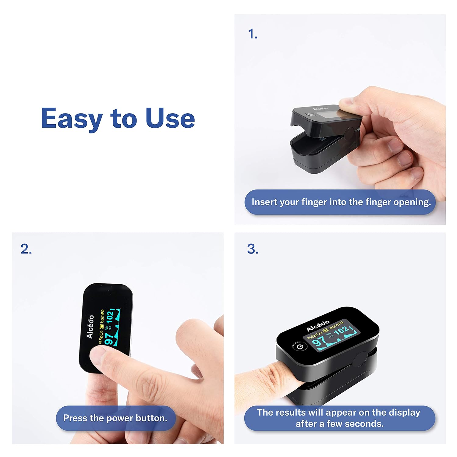 Alcedo Fingertip Pulse Oximeter, SpO2 and Heart Rate, Dual Color OLED Display

