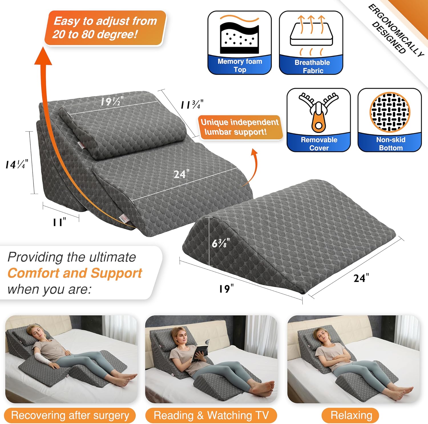 Lenora Adjustable Bed Wedge Pillow System for Back, Legs, Post-Surgery Recovery

