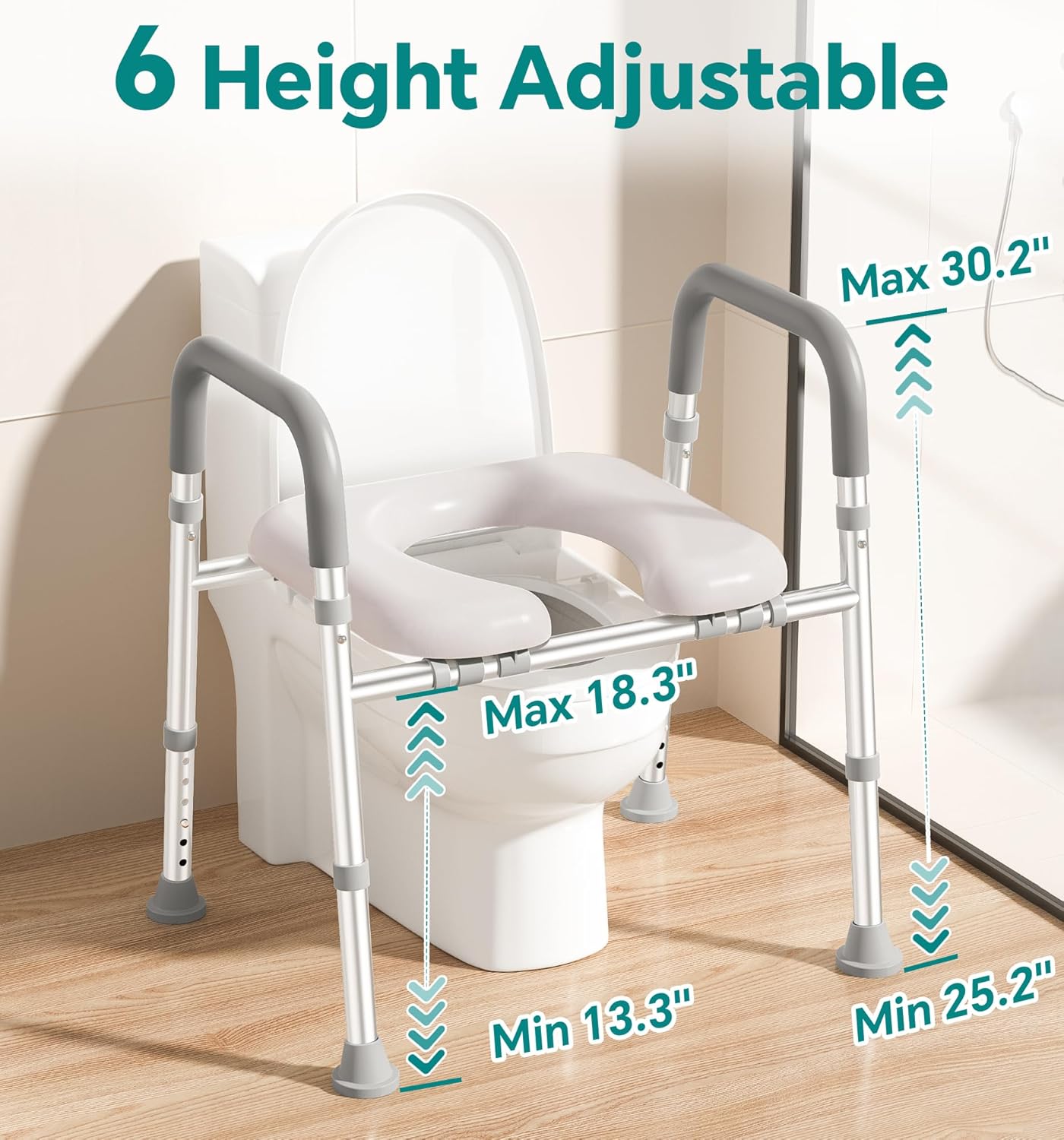 Soundfuse Raised Toilet Seat Riser with Handles, Adjustable Height and Width, Padded

